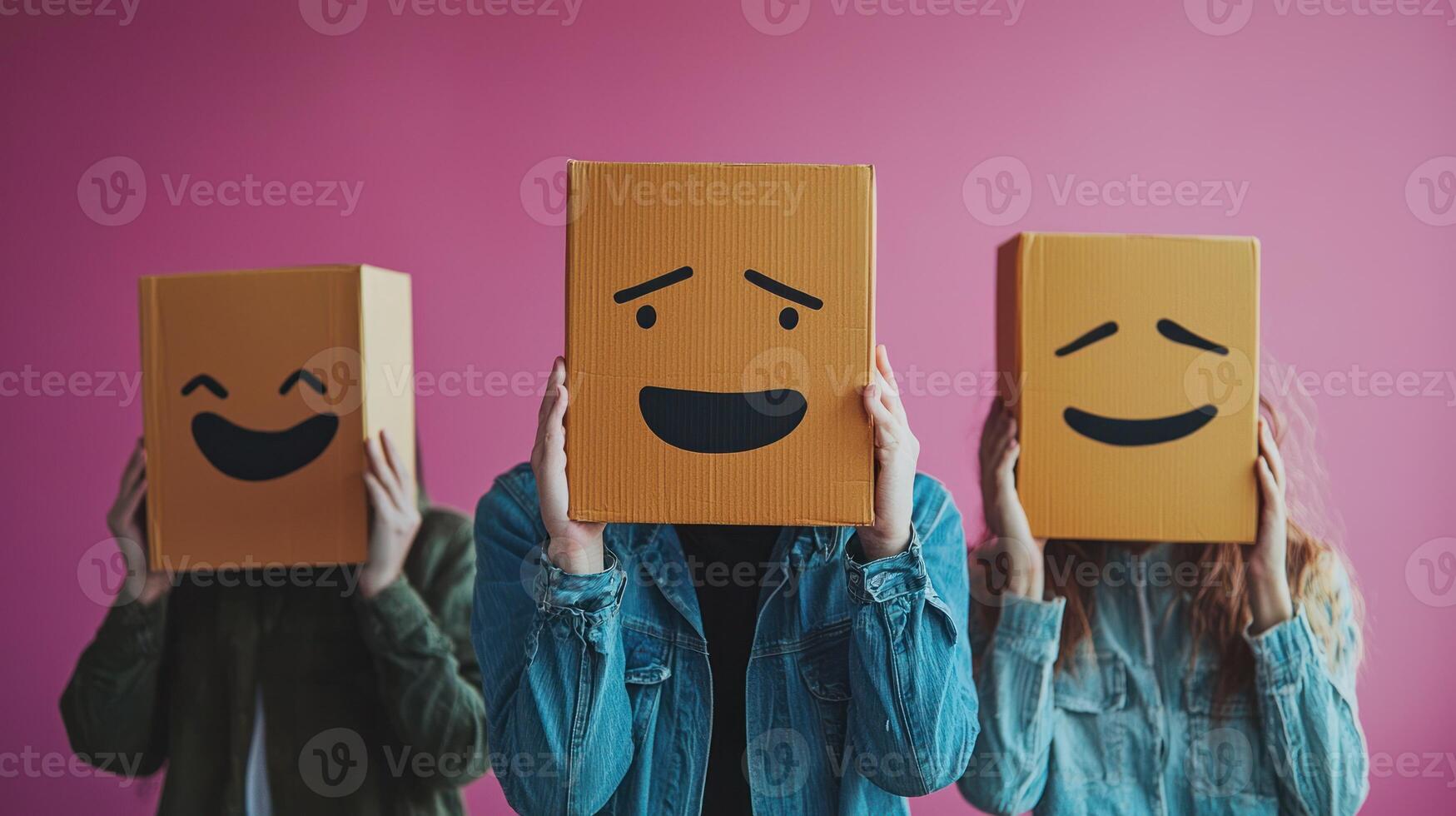 Three cardboard boxes with different facial expressions, held by three people in front of a pink background. photo