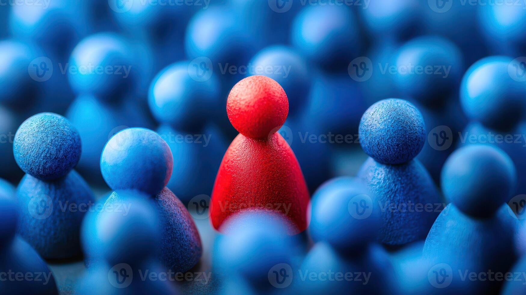 A red and blue wooden figurine standing out from a crowd of blue figurines in a blue setting. photo