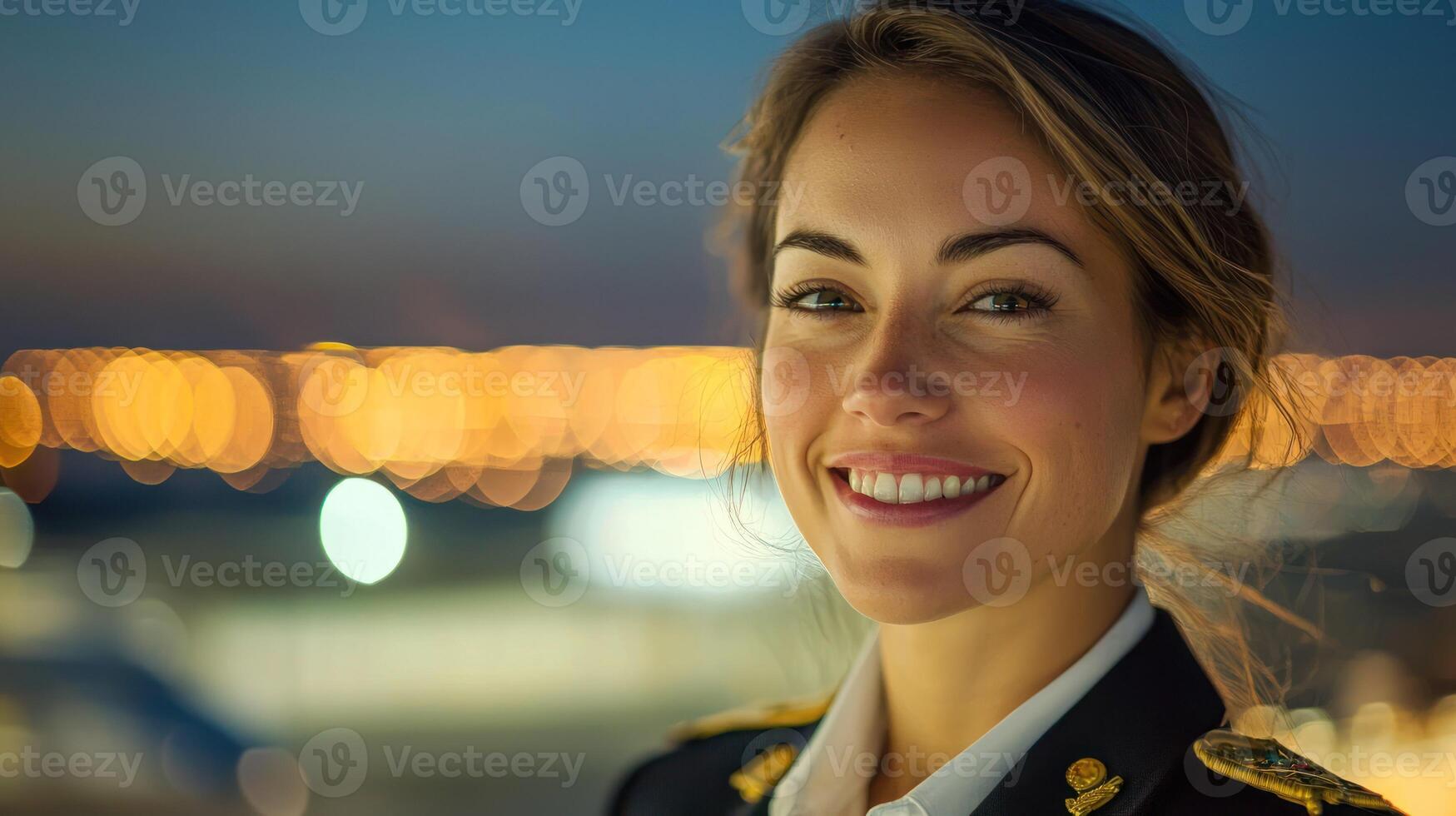 A young woman in a military uniform standing outdoors at dusk, with a blurred cityscape in the background. photo