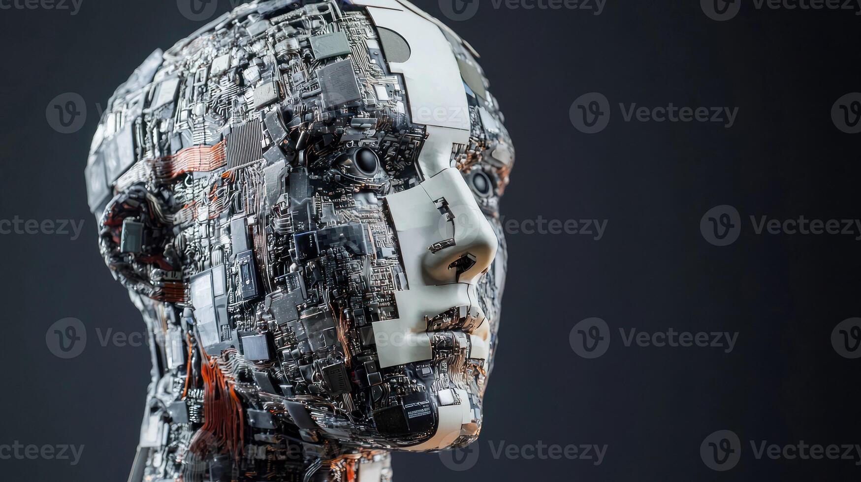 A metallic robot head with a human-like face, featuring intricate details and a mix of metallic and plastic components. photo
