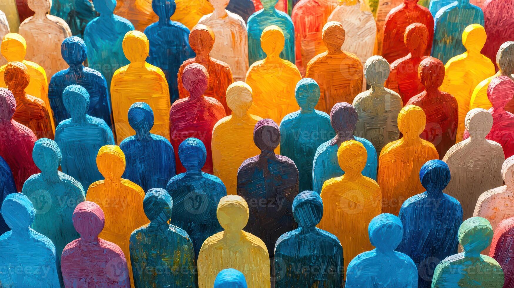A colorful group of people standing in a row, with a mix of colors including red, yellow, blue, and green, with some individuals wearing different colored clothing. photo