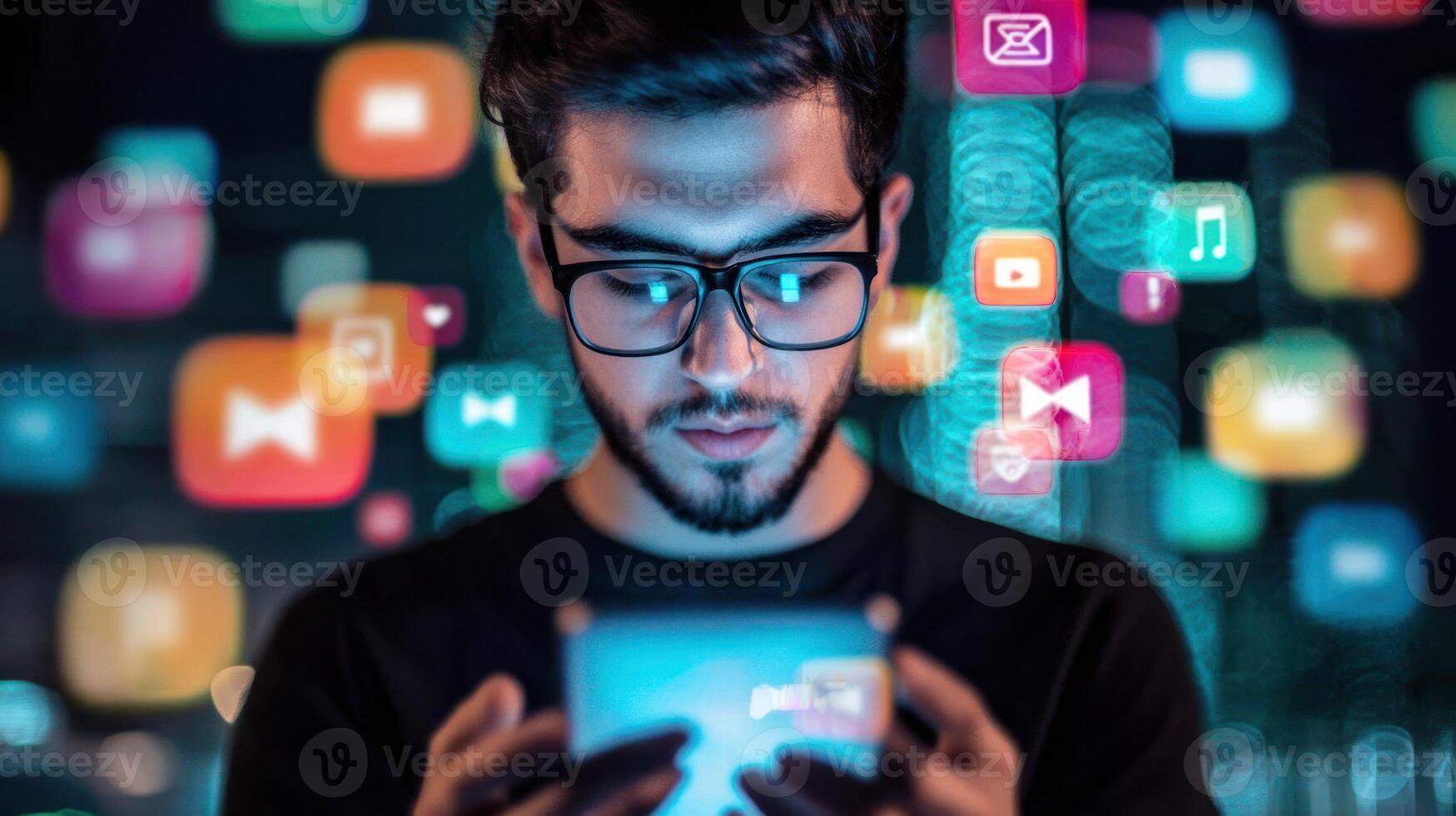 A young man wearing glasses, holding a smartphone with a colorful, abstract background of icons and symbols. photo