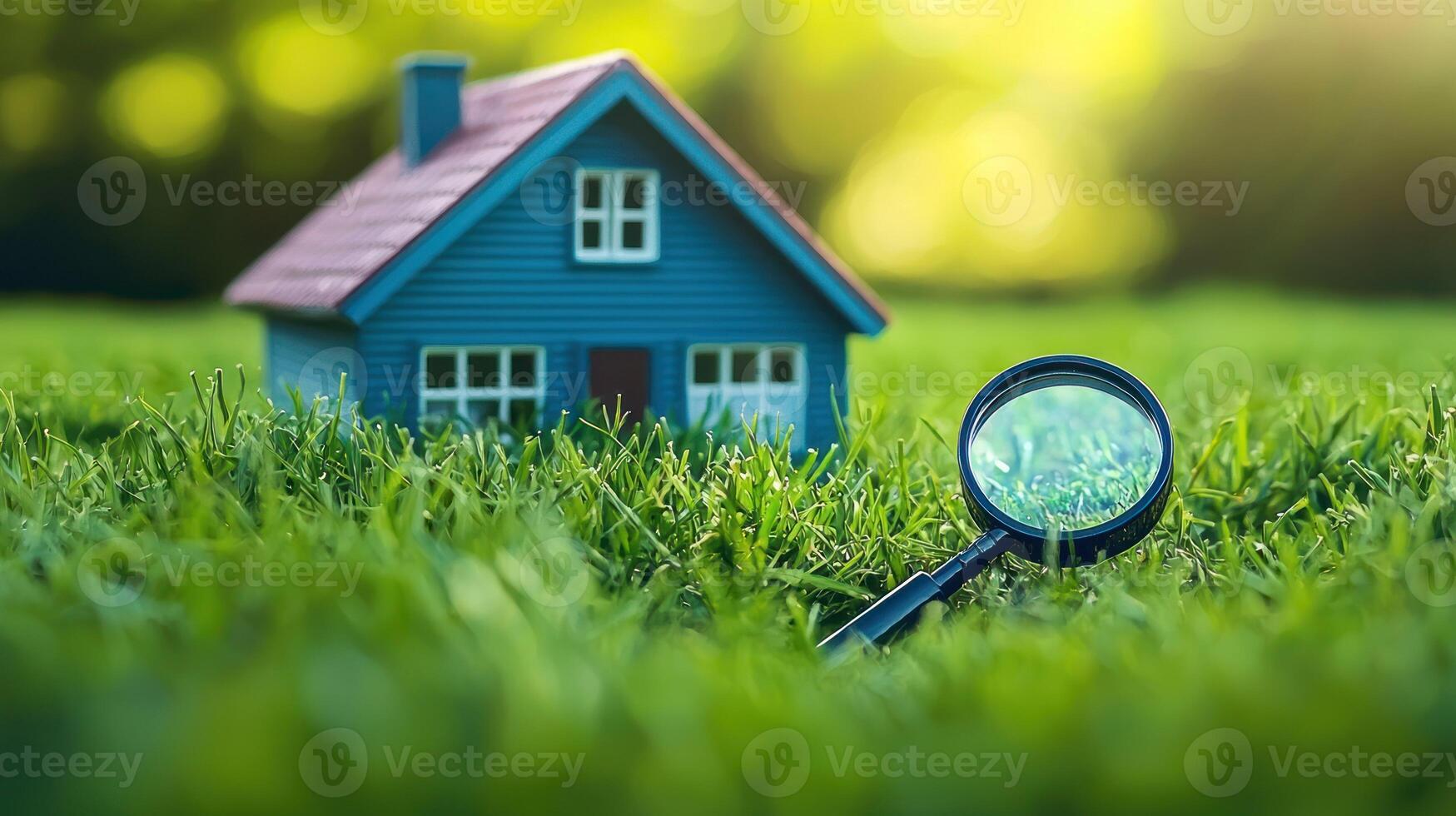 A blue toy house with a magnifying glass on a grassy field with a blurred green background. photo
