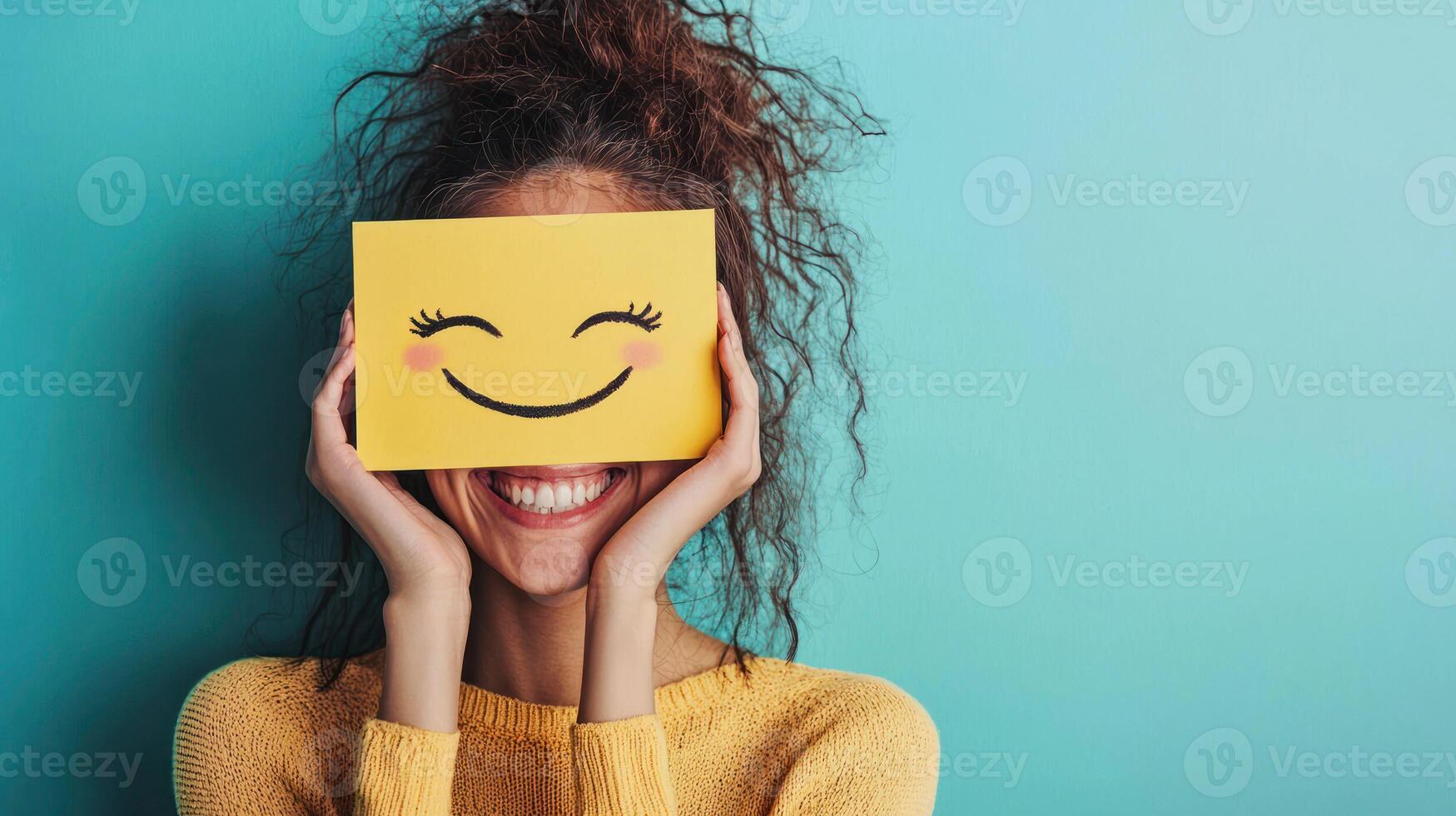 A woman with curly hair, wearing a yellow sweater, holding a yellow card with a smiling face on it, against a blue background. photo