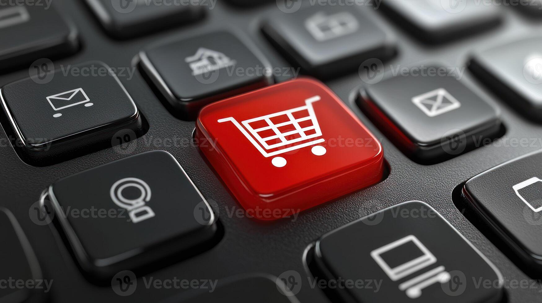 A red shopping cart icon on a computer keyboard with various icons in the background. photo