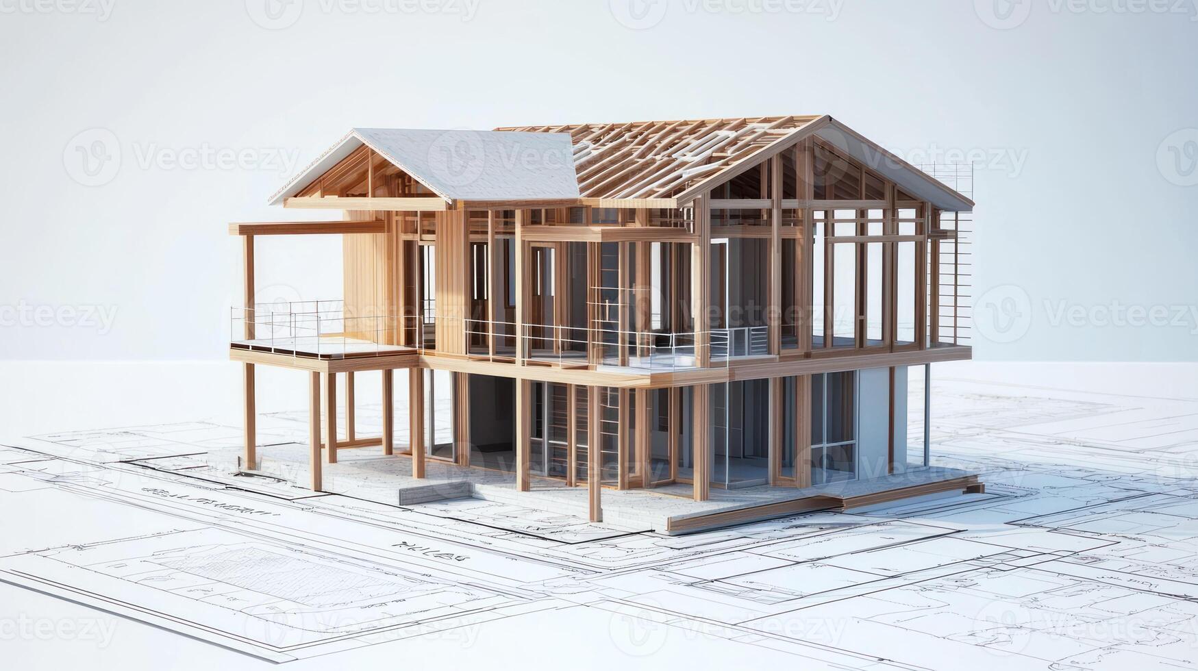 A modern house under construction with wooden beams and a white roof, surrounded by blueprints on a white background. photo