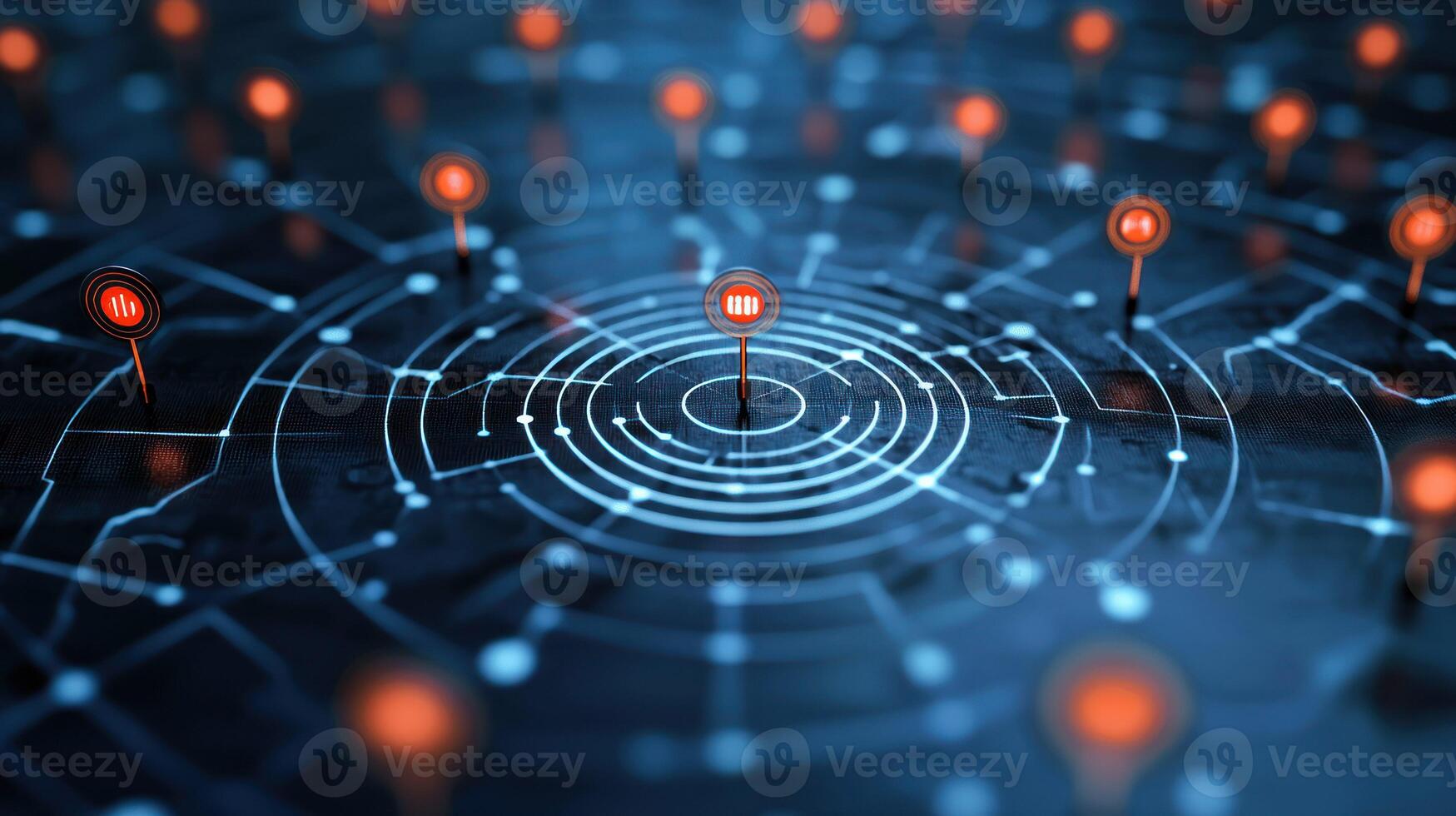 A digital map with a central point marked by a red pin, surrounded by a concentric circle of orange pins, against a dark blue background with a grid of white lines. photo