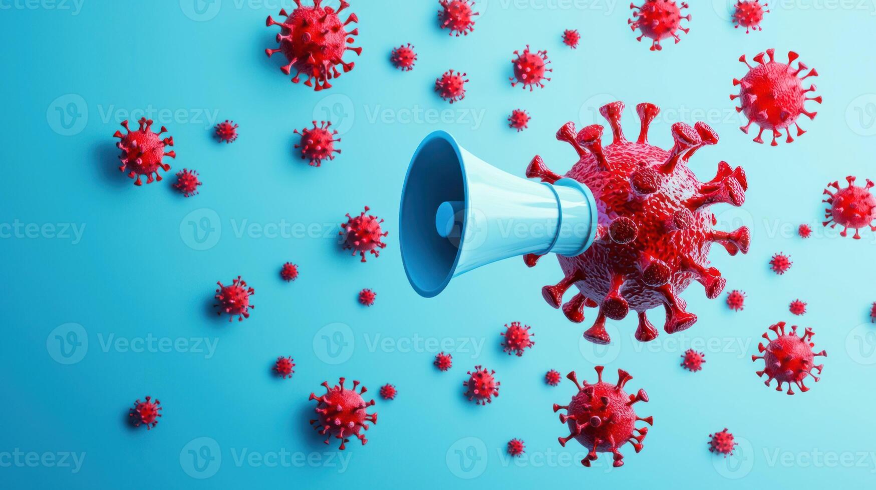 A red and green virus with a megaphone in front of it on a blue background. photo