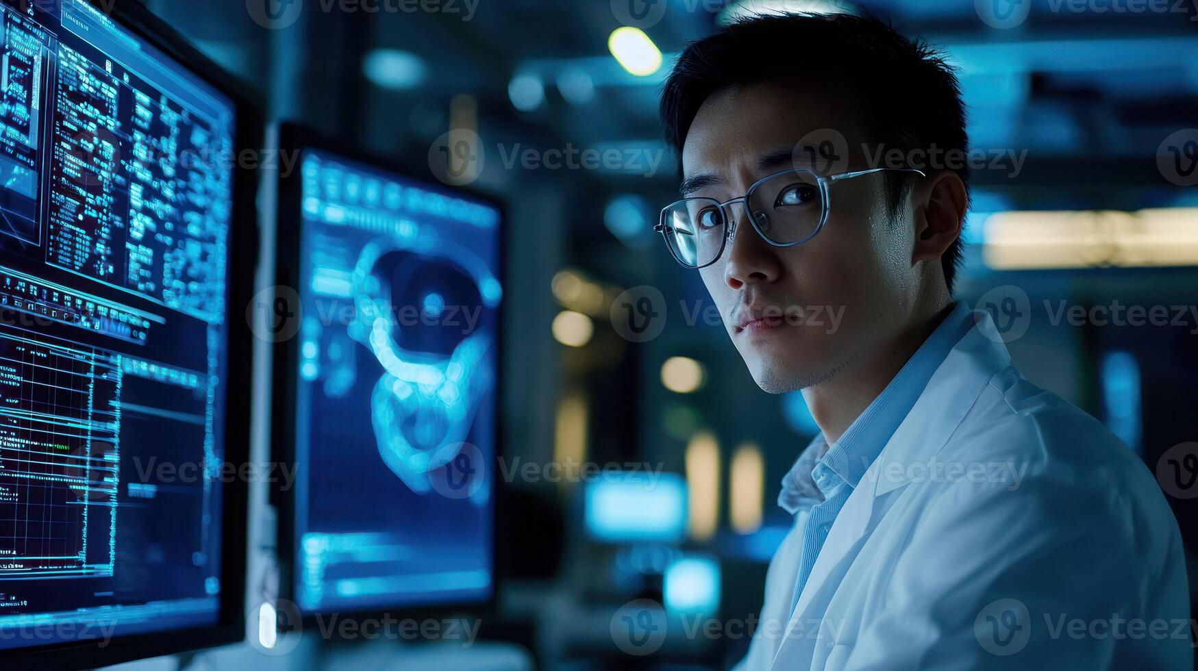 A young man in a lab coat, wearing glasses, is focused on a computer screen in a dimly lit laboratory with blue and black screens and a blue light in the background. photo