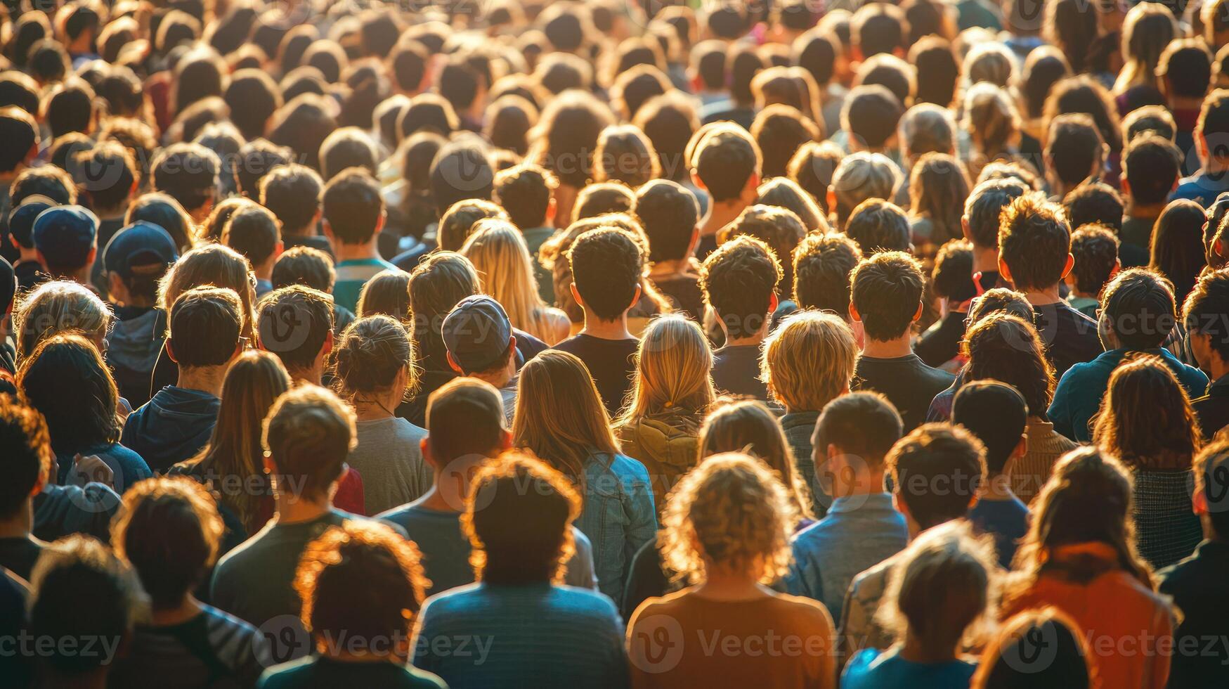 A large crowd of people standing in a public space, with the sun casting a warm glow on their faces. photo