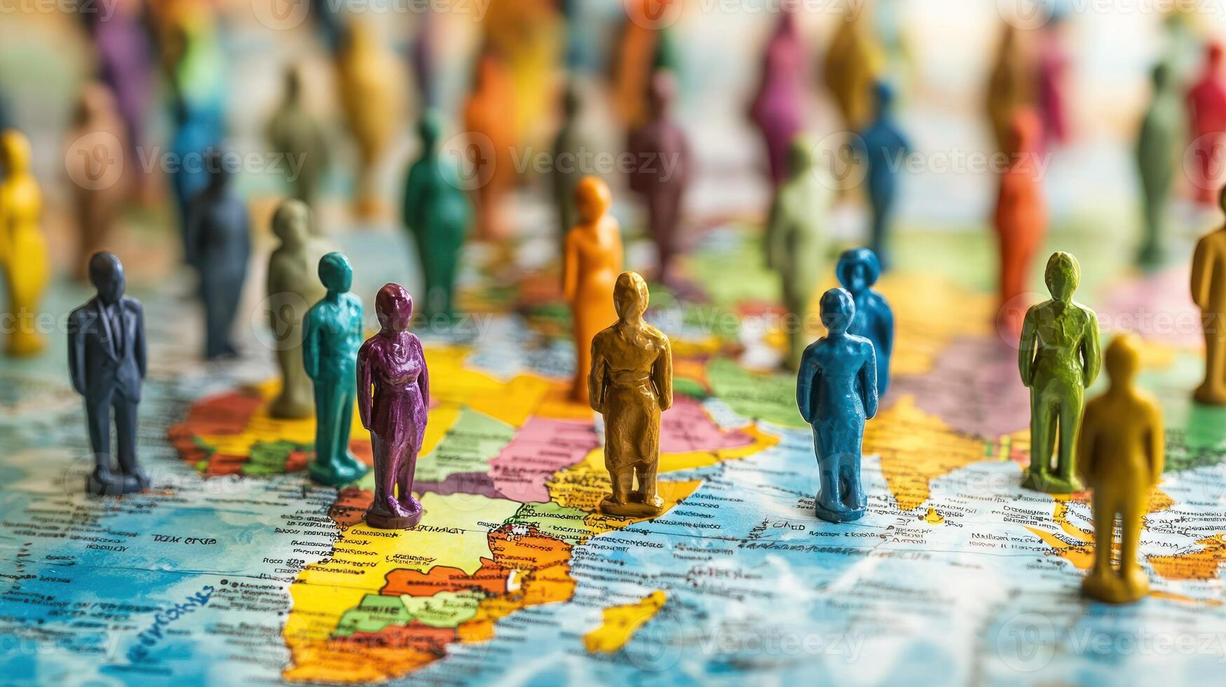 A group of miniature figurines standing on a colorful world map, with a focus on a group of figurines in the foreground and a blurred background. photo