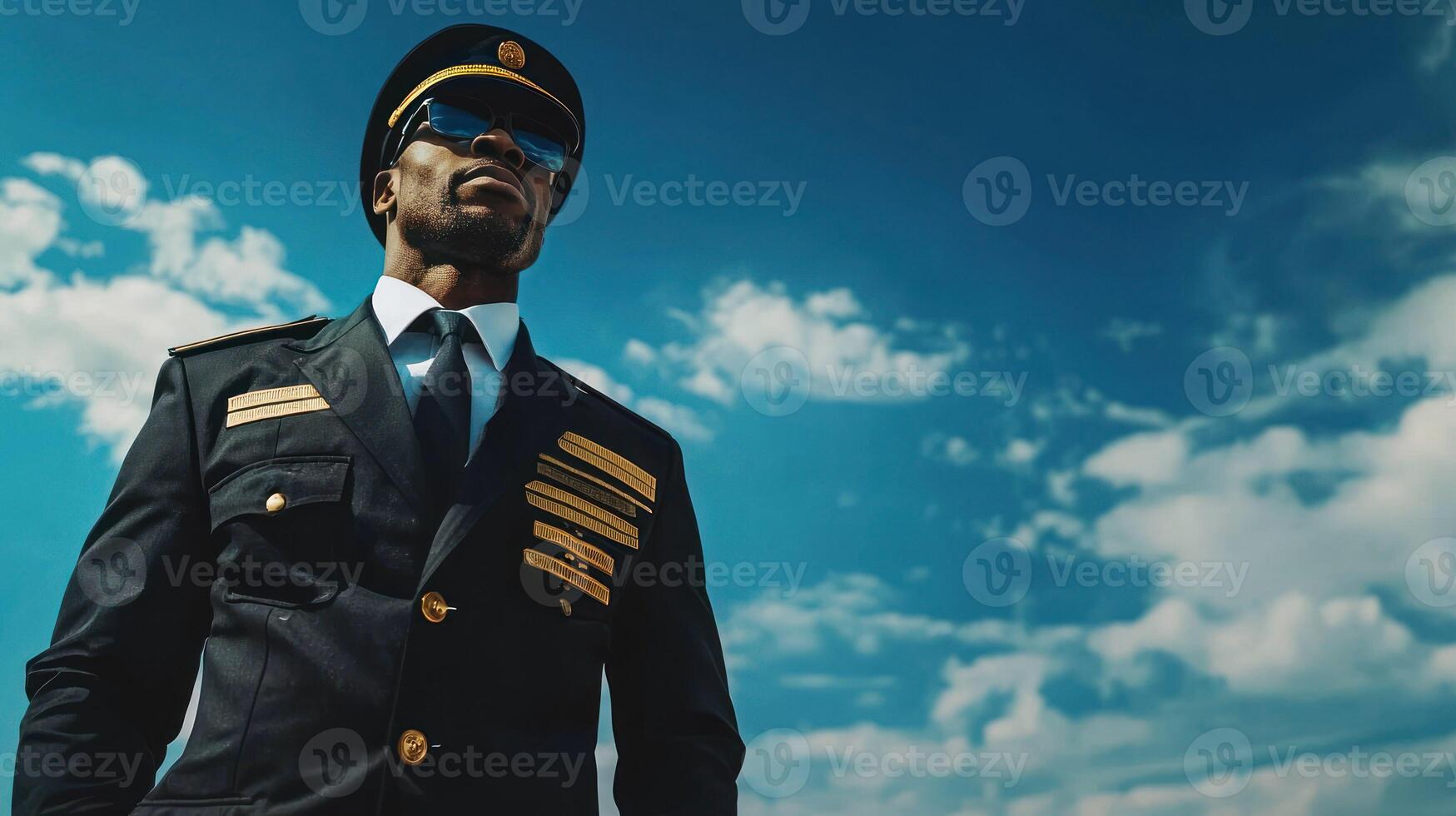 A confident African American man in a military uniform standing against a blue sky with white clouds. photo