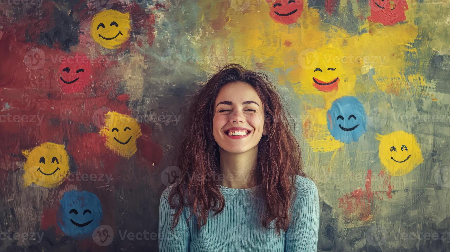 A young woman with long, wavy hair, wearing a blue sweater, standing in front of a textured, multicolored wall with a variety of smiley face paintings. photo