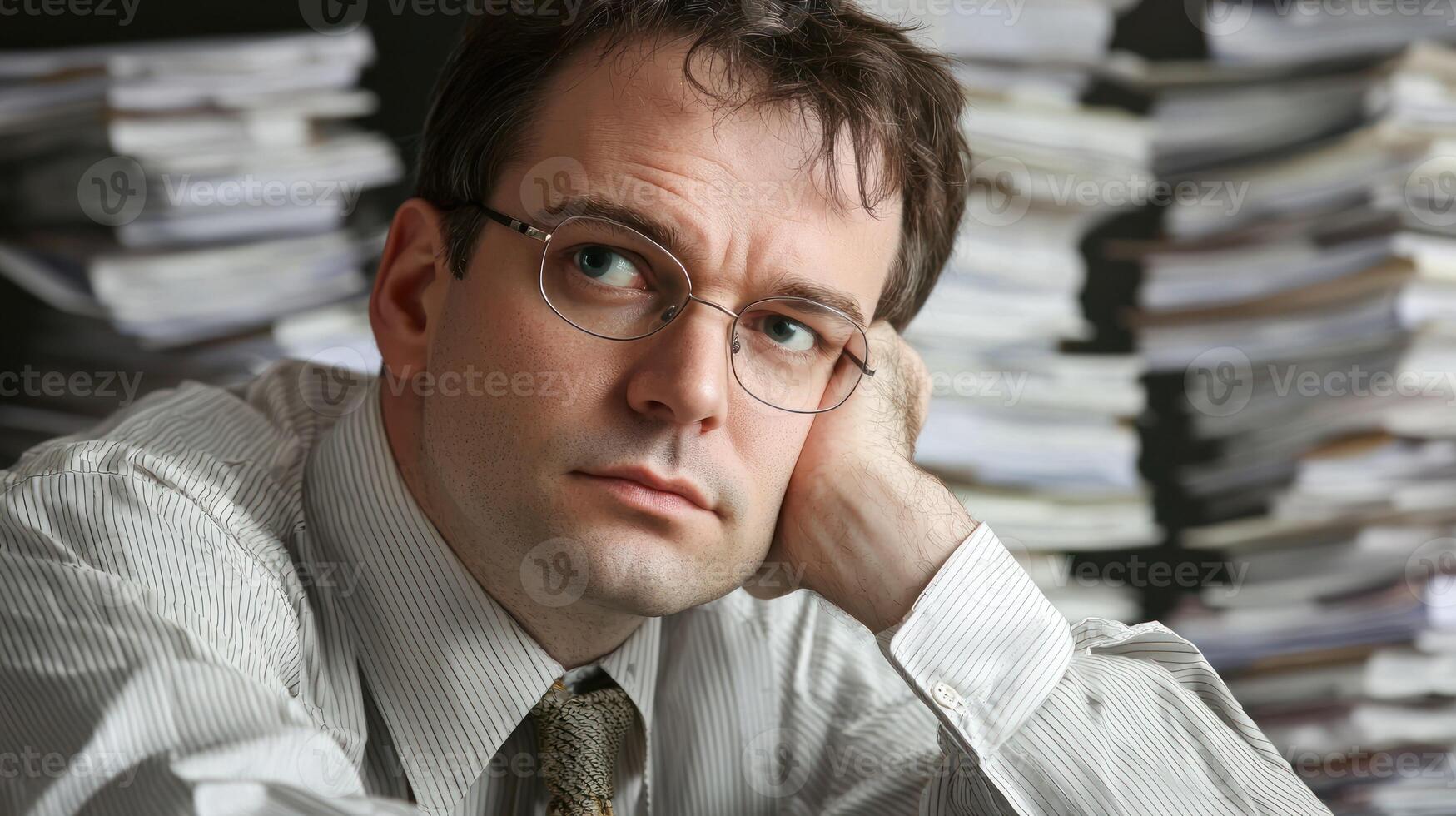 A man with glasses sitting in front of a stack of papers. photo