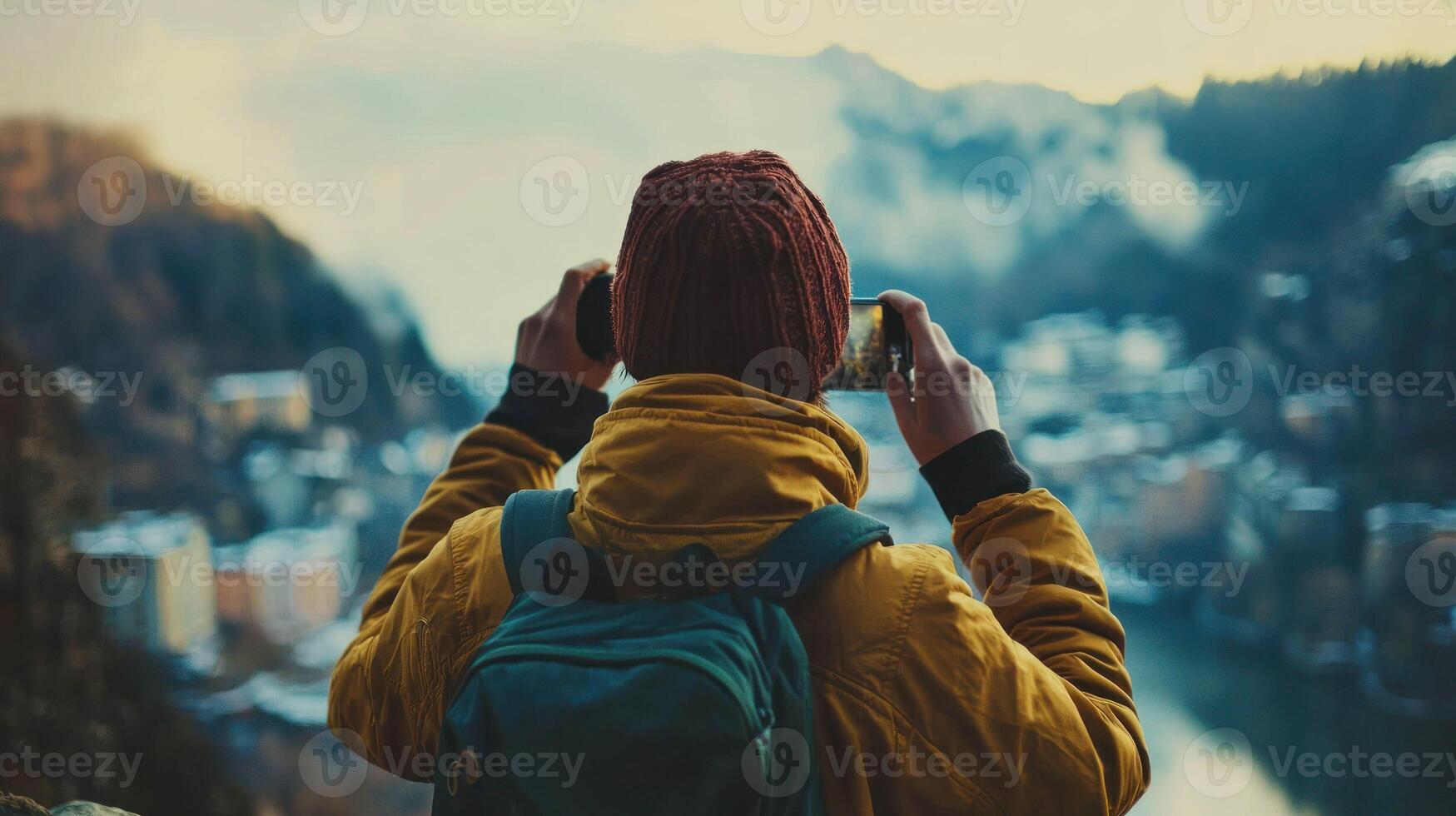 A person wearing a red beanie and yellow jacket, taking a photo of a mountainous landscape with a river and a town in the distance.