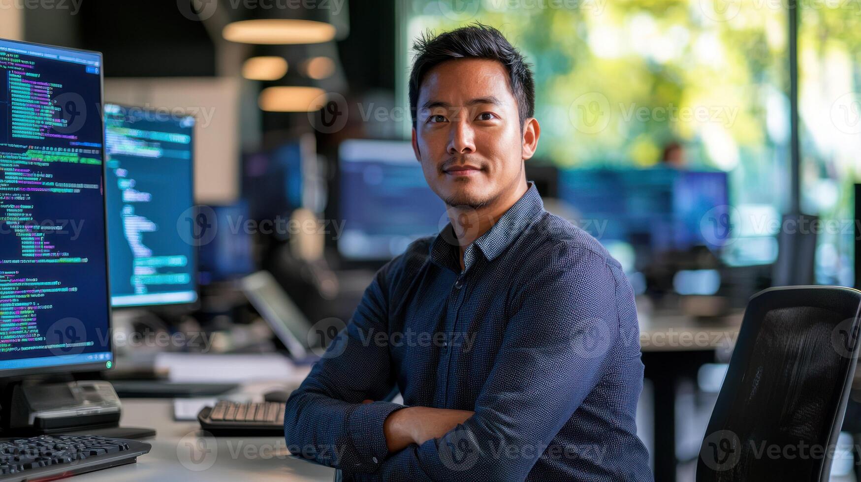 A man in a dark shirt, seated at a desk with multiple computer monitors in the background. photo