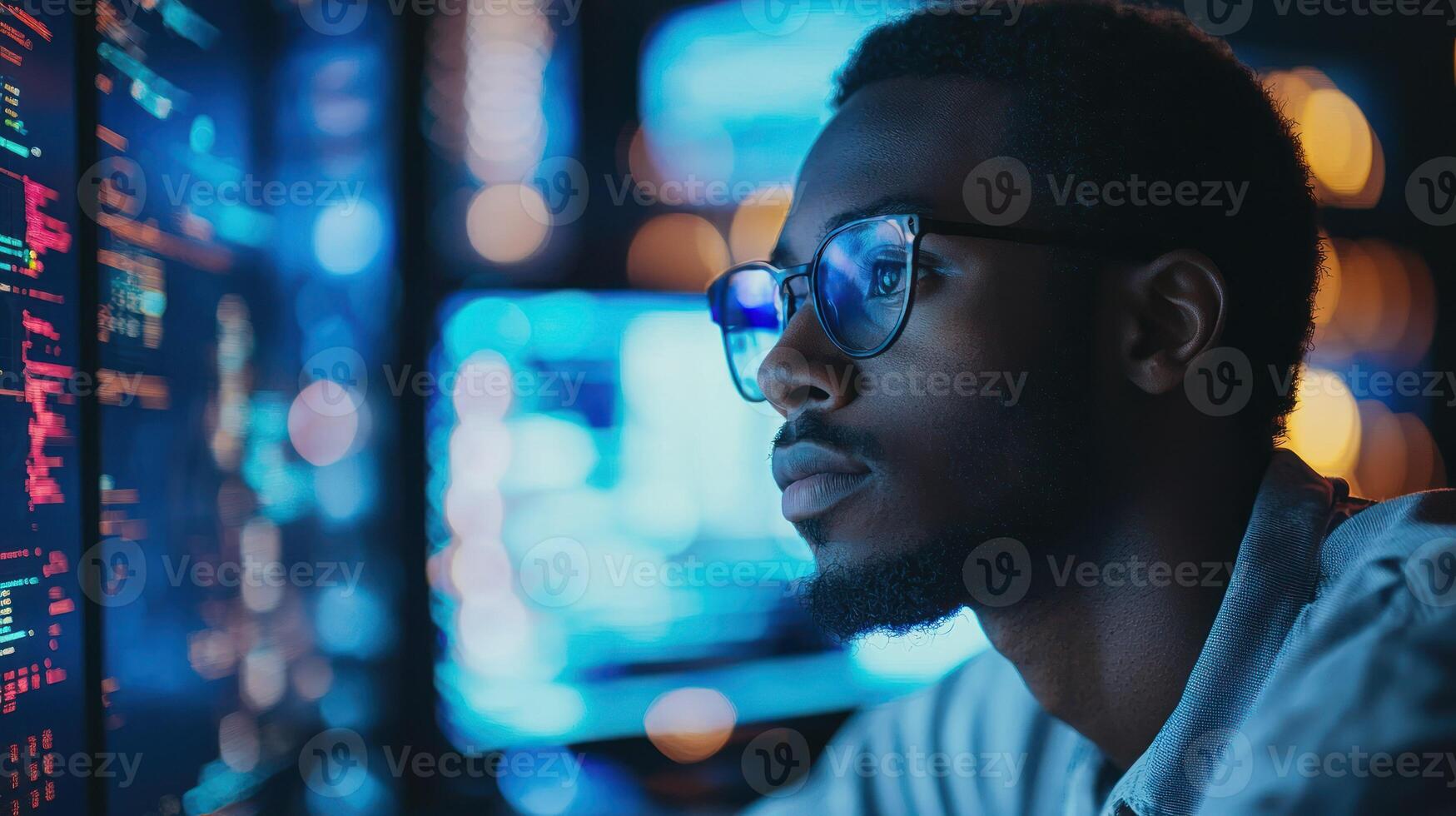 A young man wearing glasses, looking at a computer screen with a blurred background of multiple computer monitors and lights. photo
