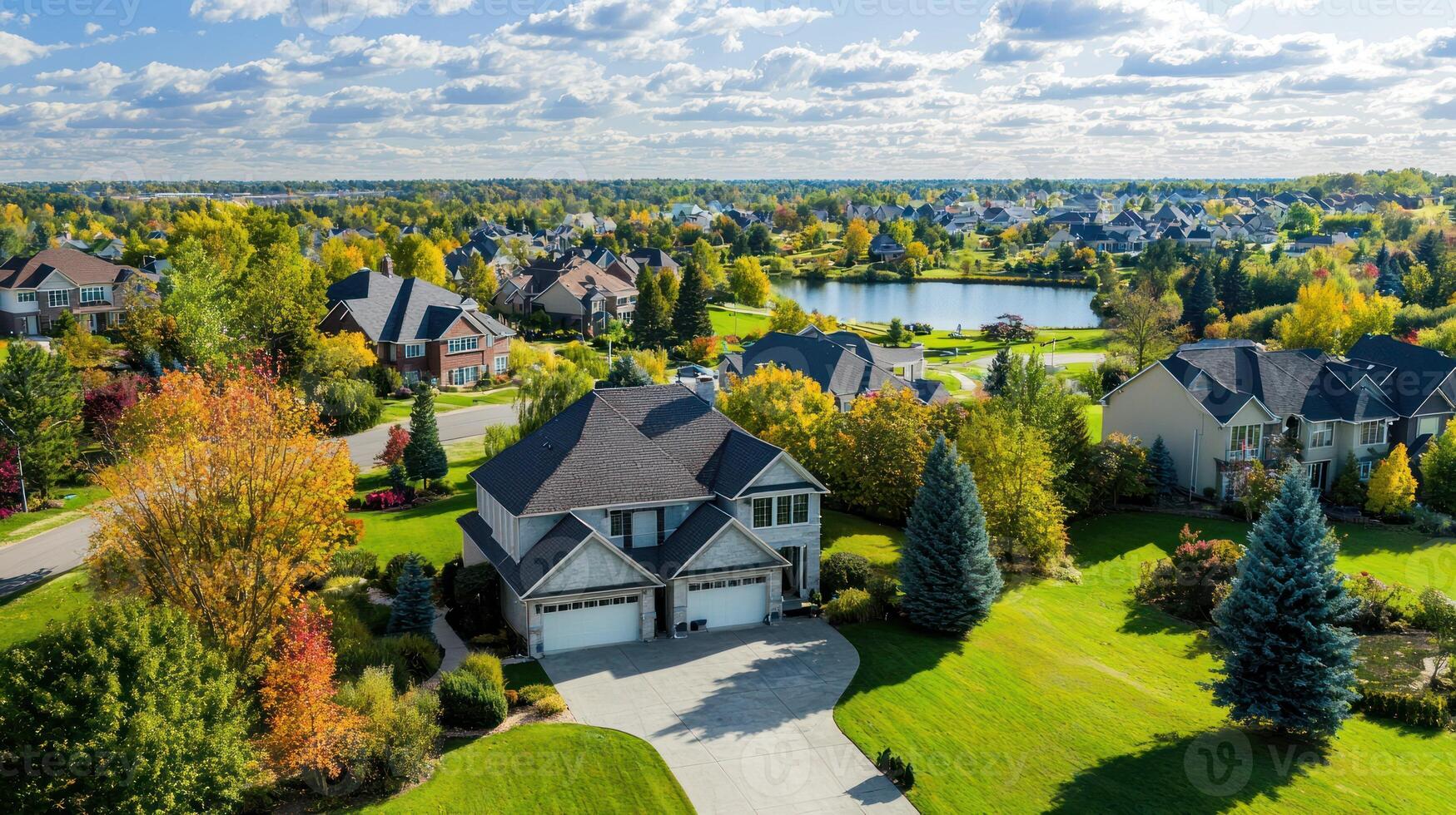 A picturesque suburban neighborhood with a large house, trees, and a pond in the background, surrounded by a lush green lawn and a clear blue sky with scattered clouds. photo