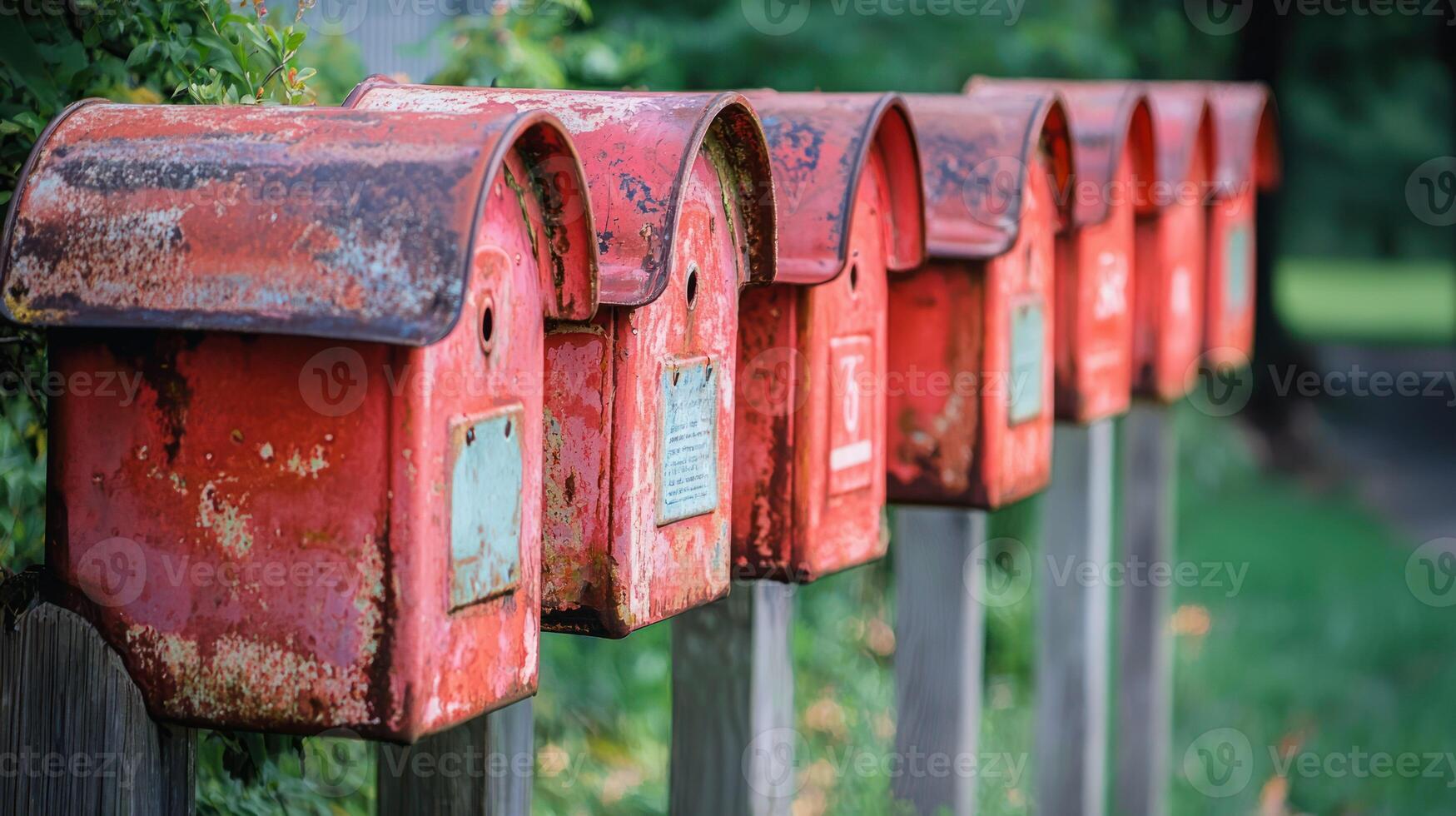 A row of red, weathered mailboxes lined up against a wooden fence, with green foliage in the background. photo