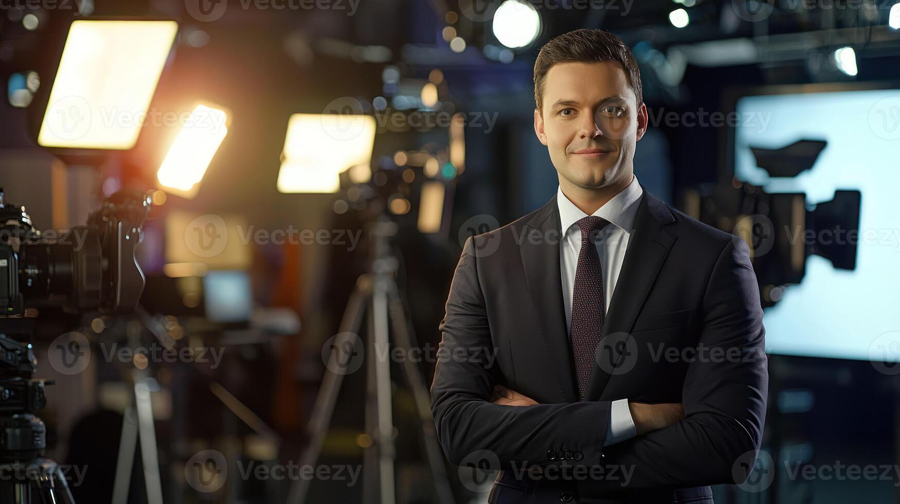 A confident man in a suit standing in a studio with cameras and lighting equipment, smiling and looking directly at the camera. photo