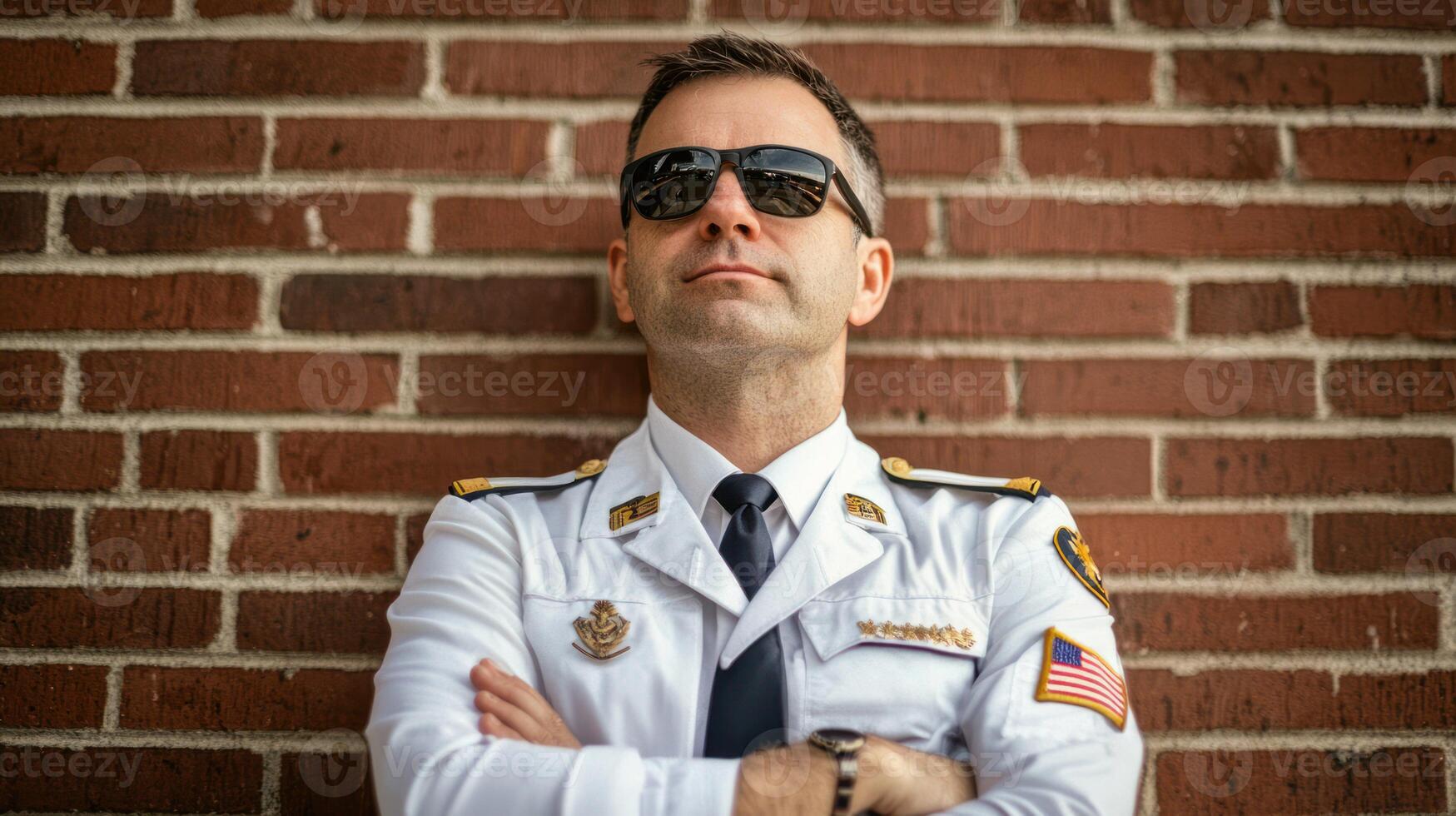 A man in a white uniform with an American flag pin standing in front of a brick wall. photo