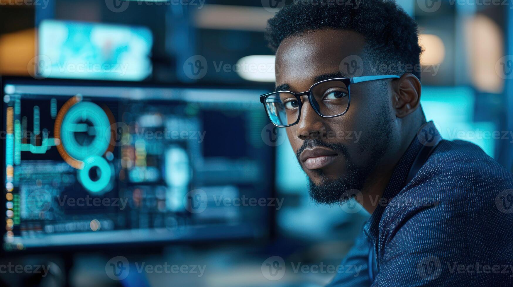 A young man wearing glasses, seated at a desk with a computer monitor in a modern office setting. photo