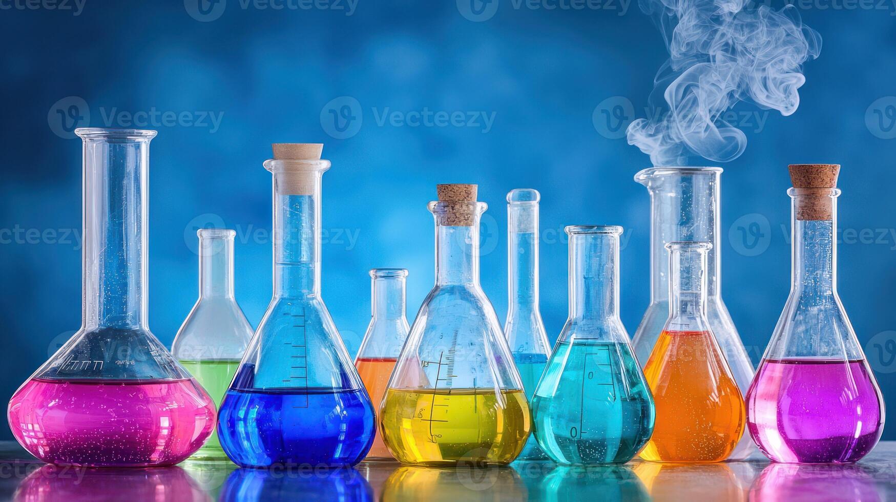 A colorful array of laboratory beakers with liquid, some emitting smoke, against a blue background. photo