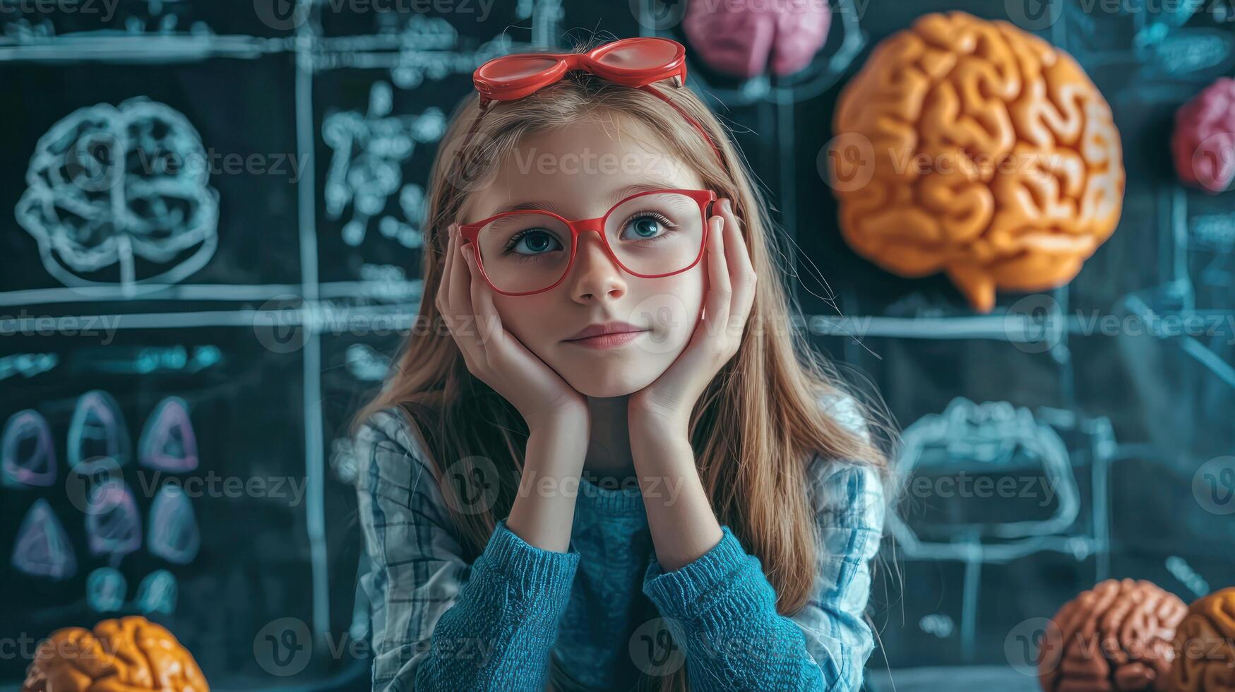 A young girl wearing glasses, sitting in front of a chalkboard with drawings of brains, surrounded by various brain models and toys. photo