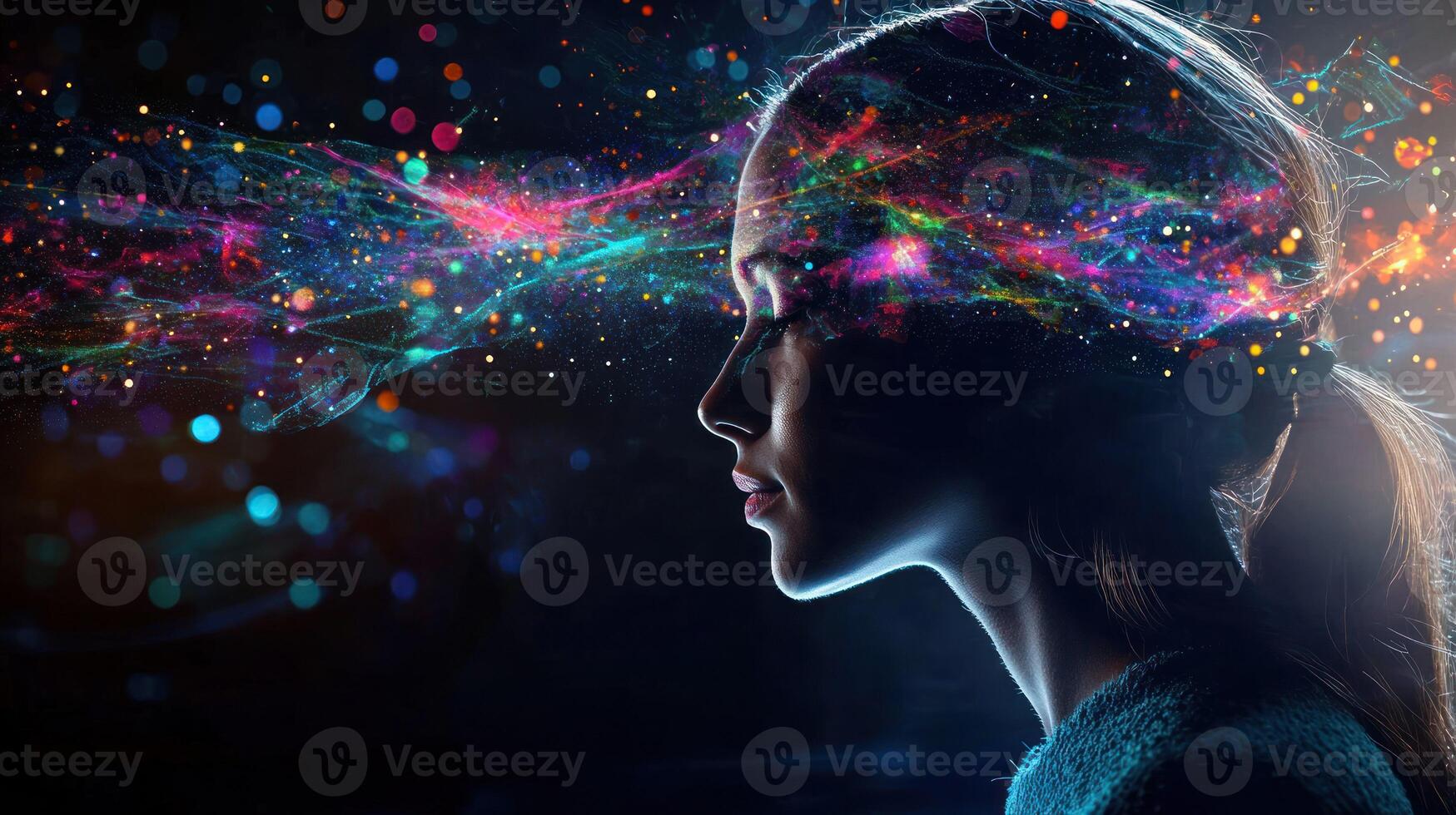 A woman with glowing, colorful, abstract patterns emanating from her head, set against a dark, moody background. photo