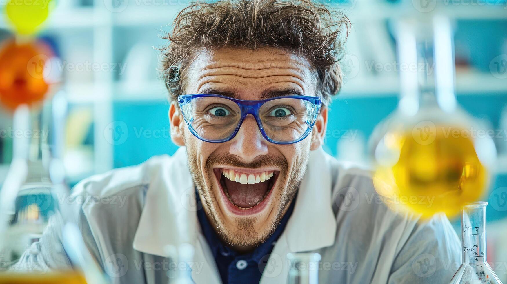 A man in a lab coat with a surprised expression, holding a beaker filled with yellow liquid. photo