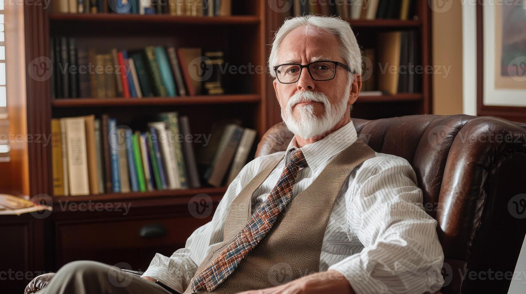 An elderly man with white hair and glasses, wearing a striped shirt and a vest, sitting in a leather chair in a well-lit room with a bookshelf in the background. photo