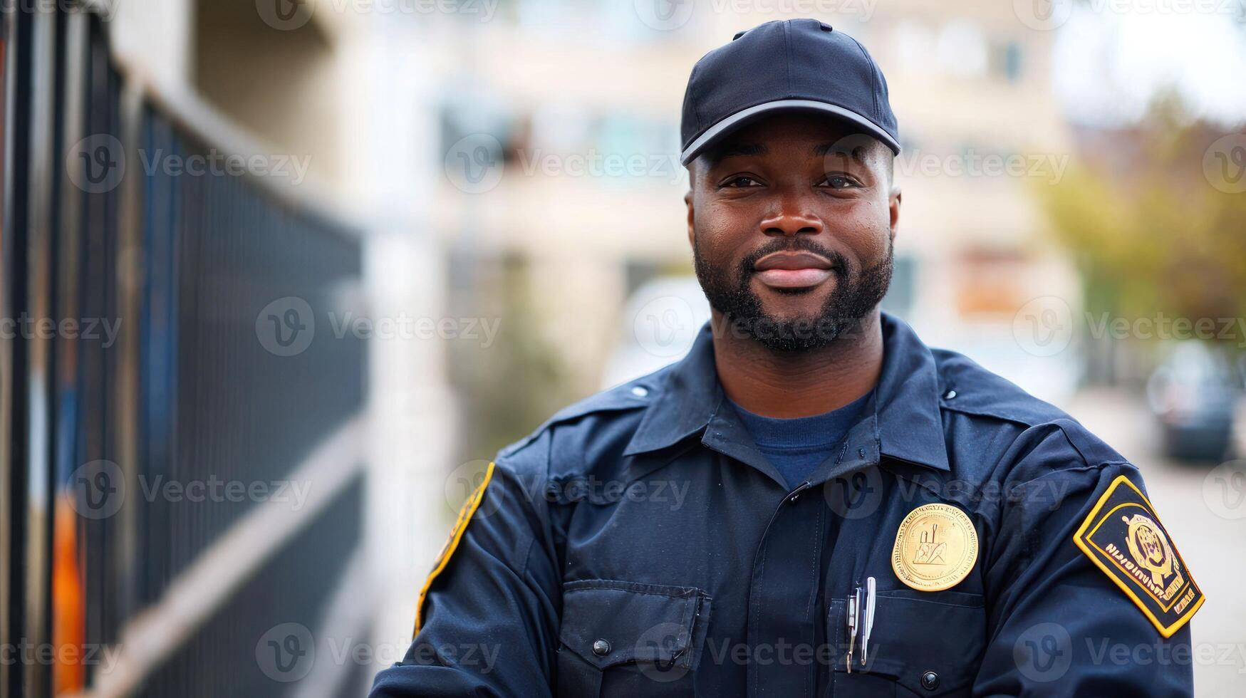 A police officer standing in front of a building with a serious expression on his face. photo