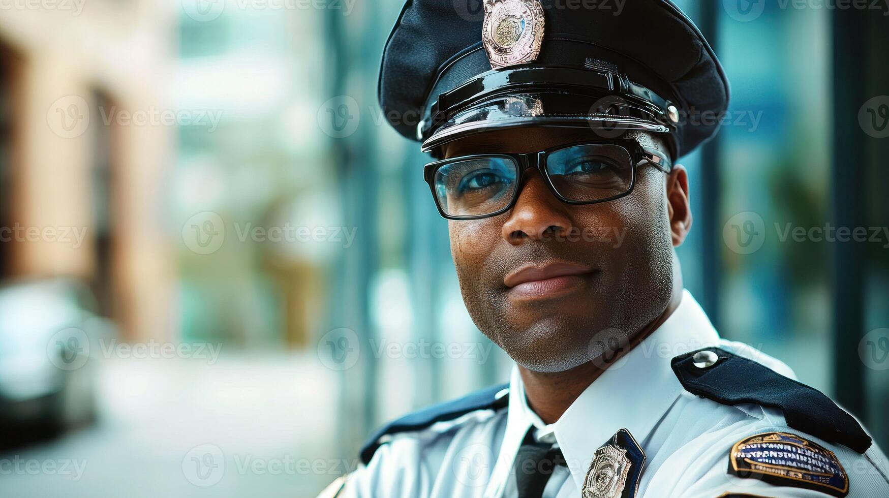A police officer standing in front of a building, wearing a uniform and hat, with a serious expression on his face. photo