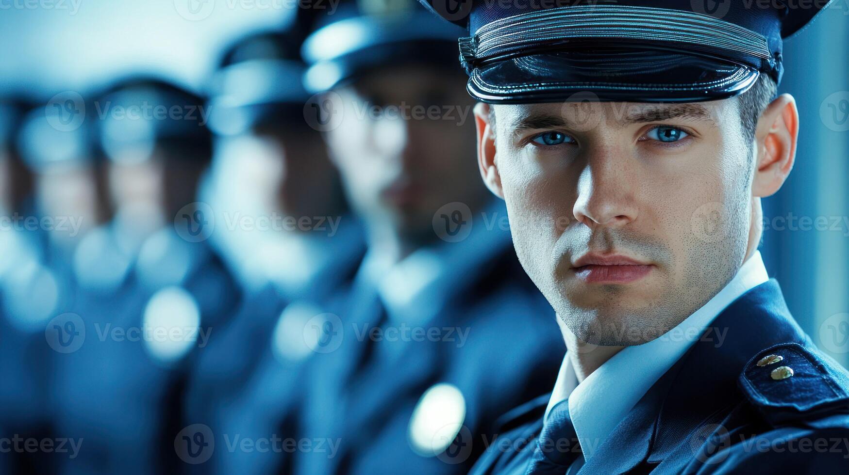 A police officer standing in front of a row of other officers, all dressed in uniform, with a serious expression on their face. photo