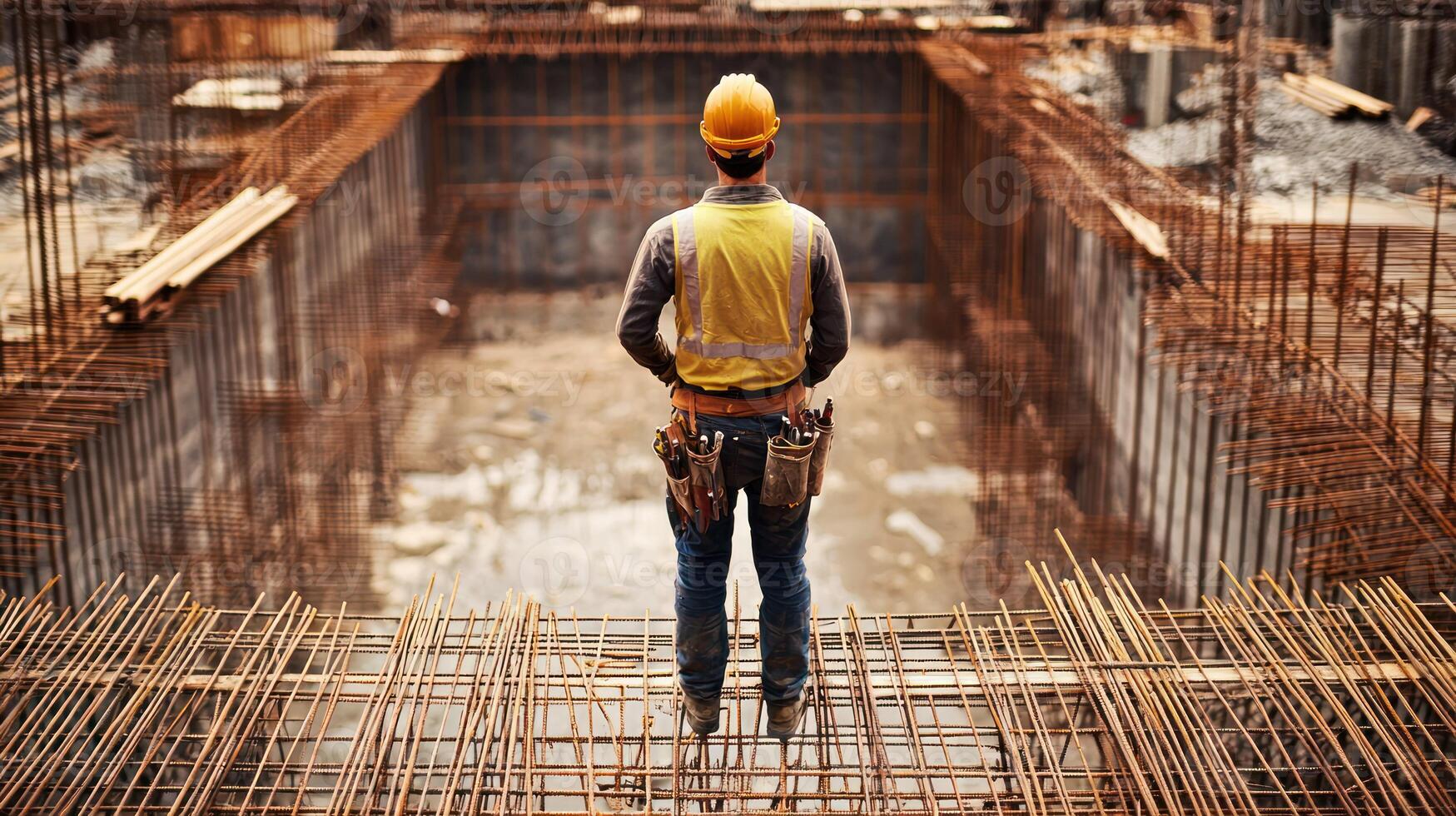 A construction worker standing on a construction site, wearing a hard hat and safety vest, with a pile of rebar and concrete behind him. photo