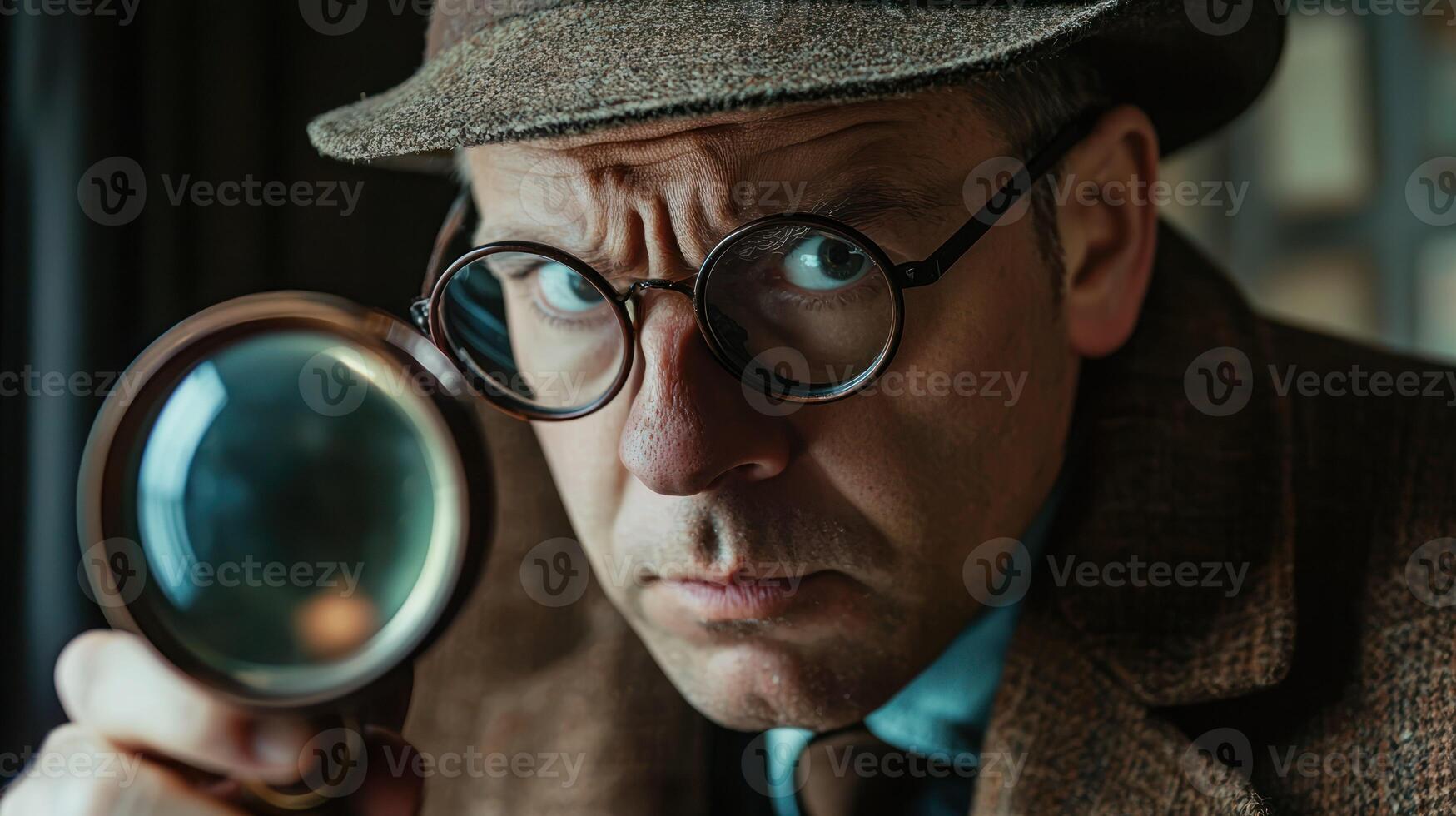 A man in a hat and glasses holding a magnifying glass, looking through it, with a book in the background. photo