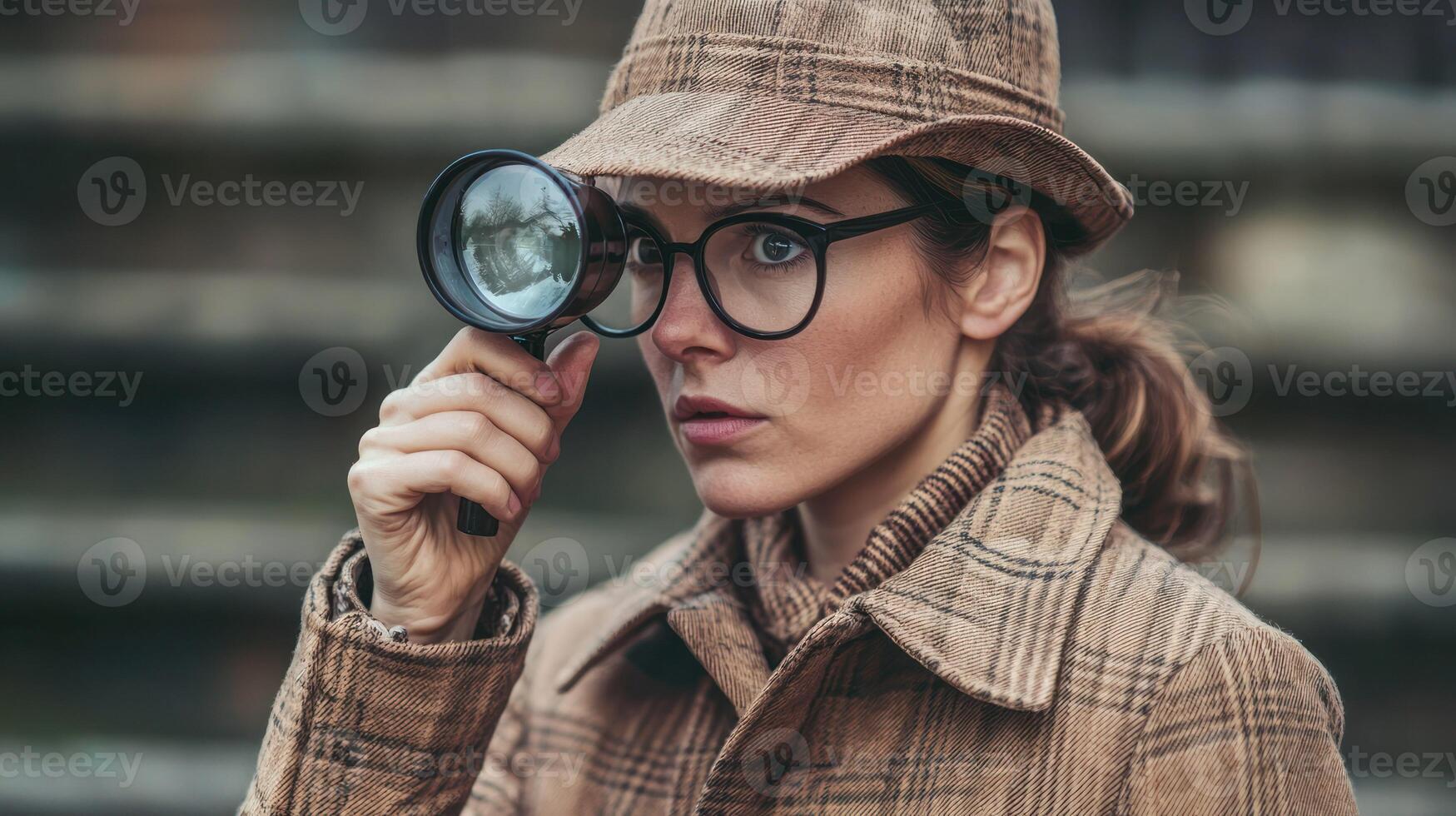 A woman wearing a hat and glasses, holding a magnifying glass, looking through it, with a brown coat and a brown hat in the foreground, with a blurred background of a building and a tree. photo