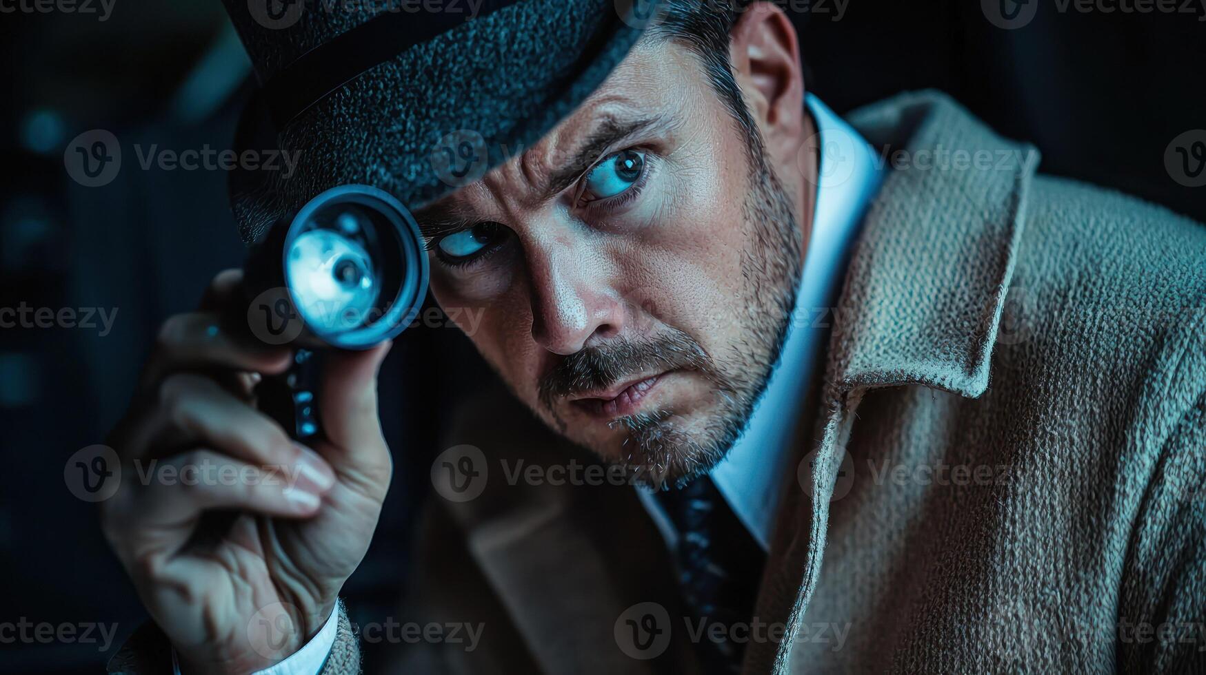 A man in a suit and hat holding a flashlight, looking through it in a dimly lit room. photo
