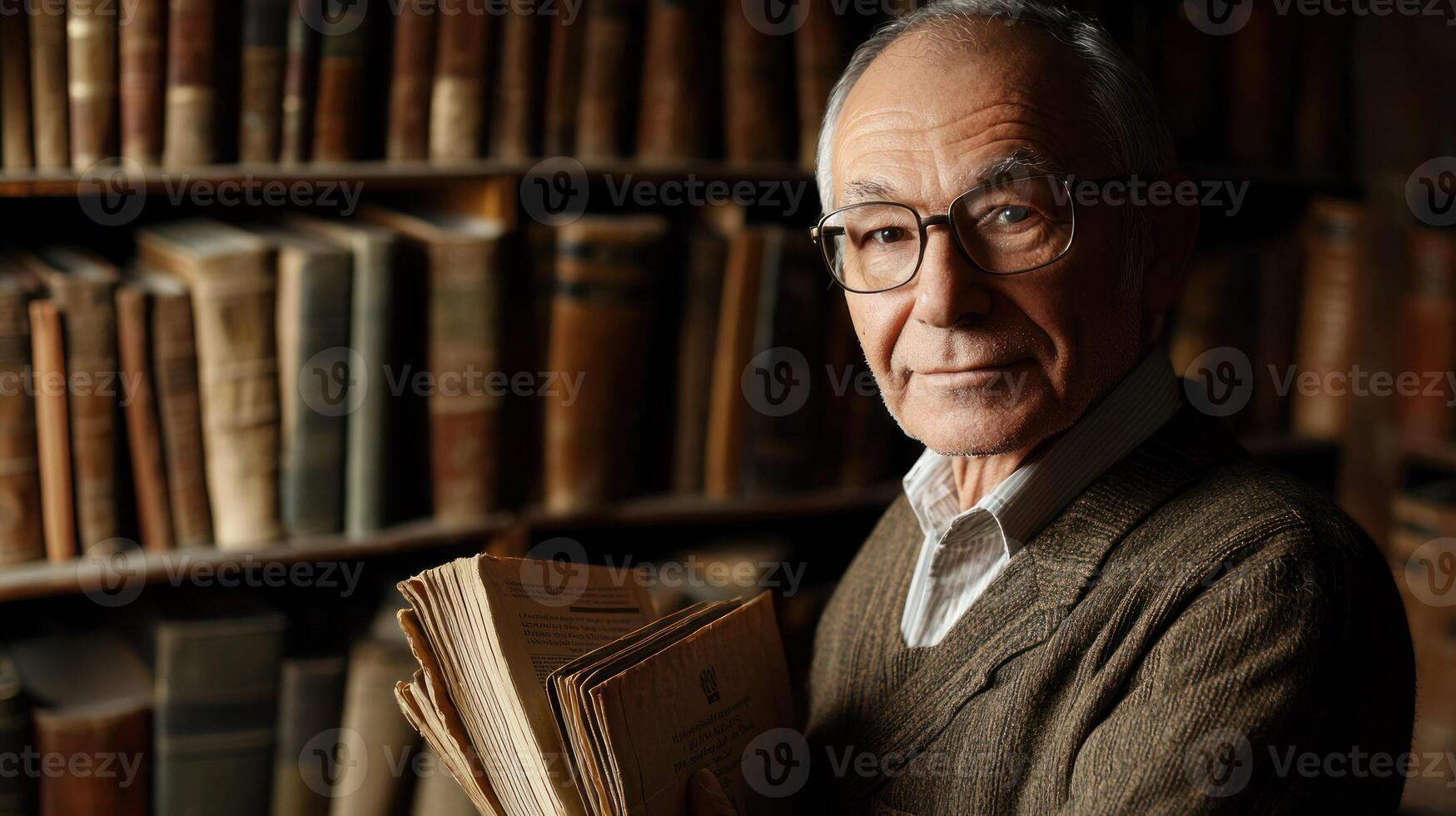 An elderly man with glasses holding a book in a dimly lit library with a bookshelf filled with old books. photo