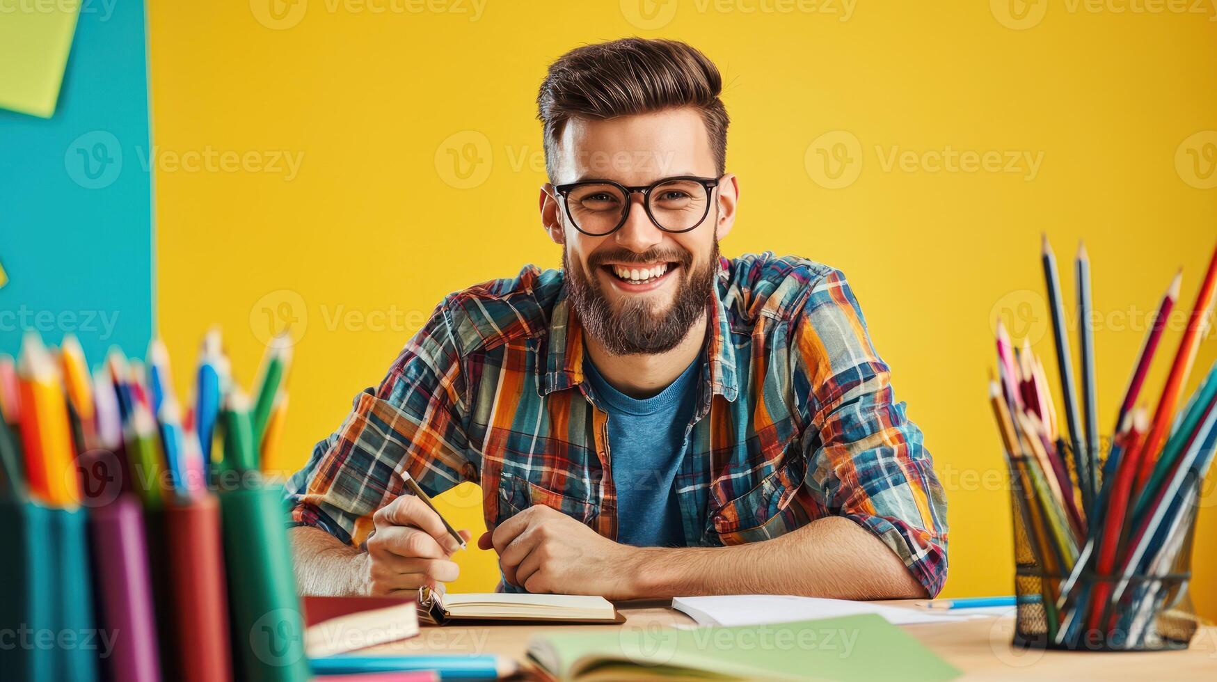 A smiling man wearing glasses and a plaid shirt, sitting at a desk with a colorful array of pencils and notebooks, against a yellow background. photo
