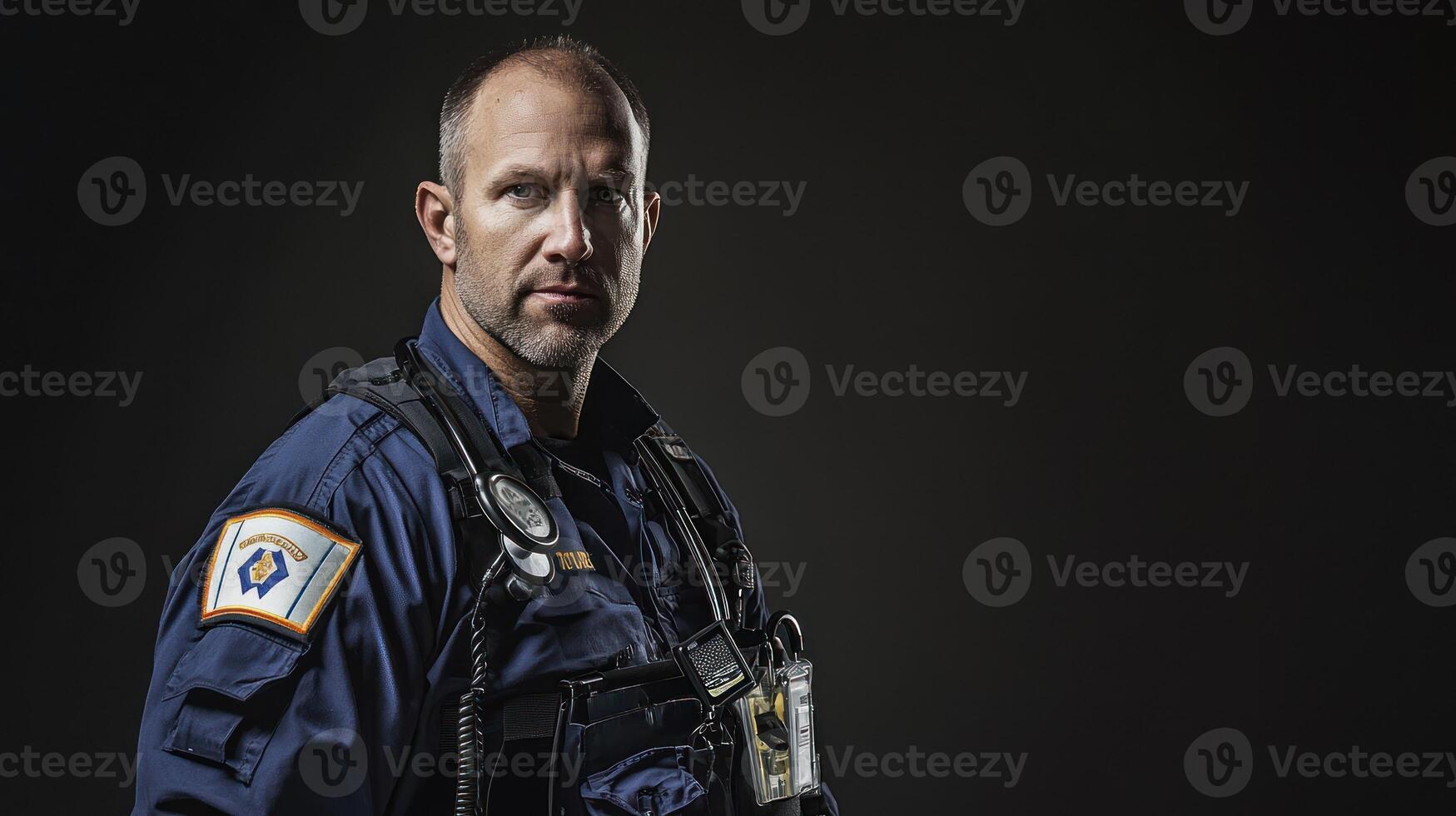 A police officer standing in front of a dark background. photo