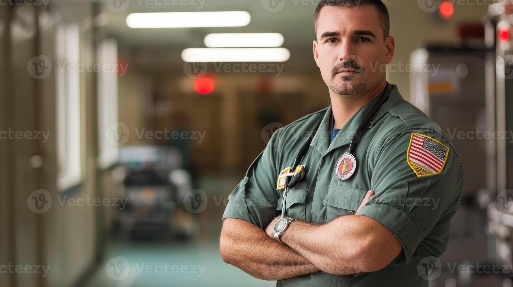 A male paramedic standing in a hospital corridor with his arms crossed. photo