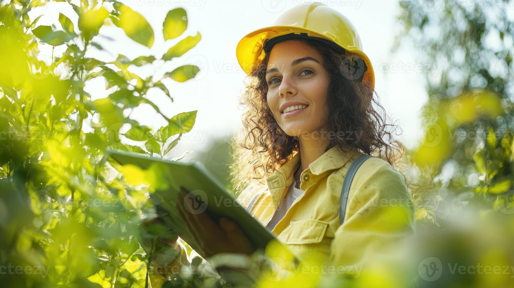 A woman in a yellow hard hat and yellow jacket, holding a tablet in a lush green forest with trees and bushes in the background. photo