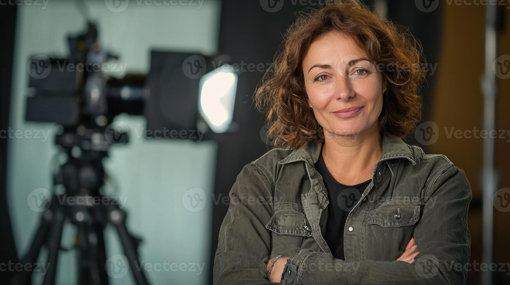 A woman with curly hair standing in front of a camera, wearing a green jacket, with a tripod and a light in the background. photo