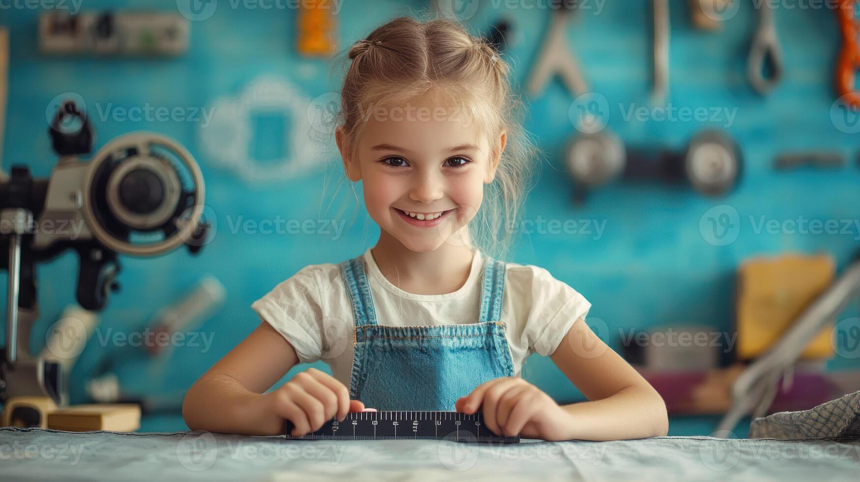 A young girl smiling and sitting at a table in a workshop with various tools and equipment around her. photo