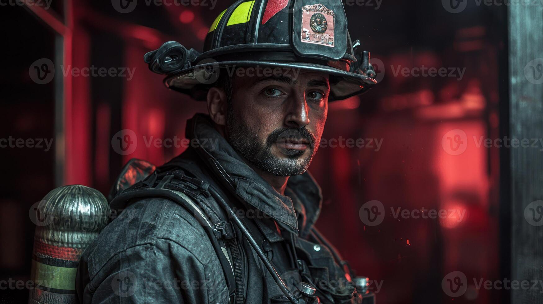 A firefighter in full gear, standing in front of a fire engine with a hose and a fire extinguisher, surrounded by smoke and flames, with a red and black helmet and a beard. photo