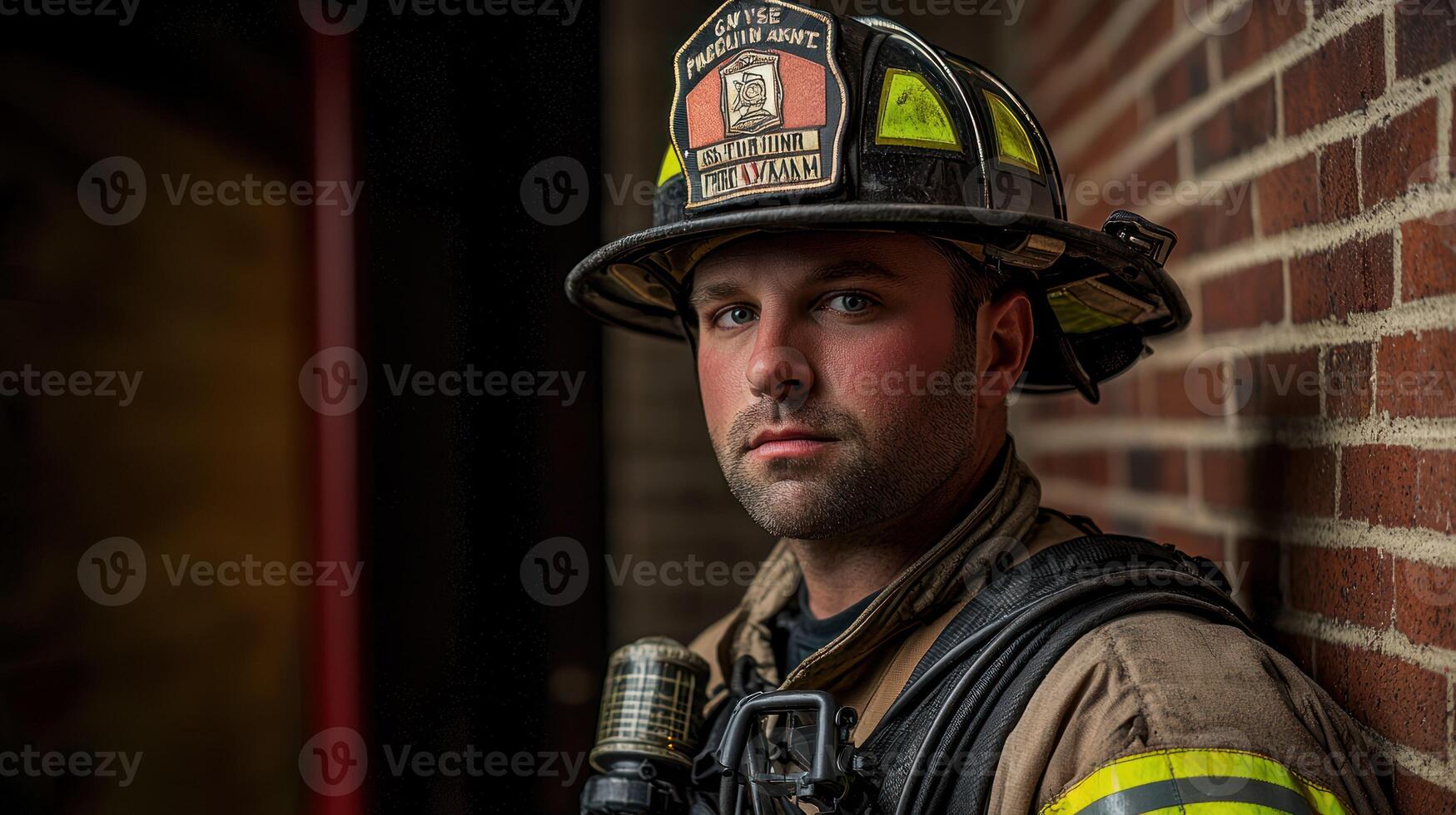 A firefighter in uniform standing in front of a brick wall with a fire engine in the background. photo
