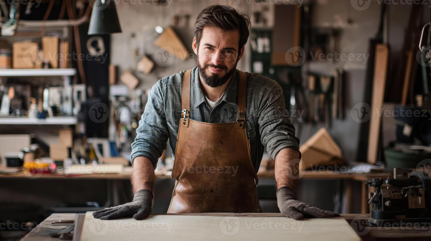 A man in a leather apron standing in a workshop with tools and materials. photo