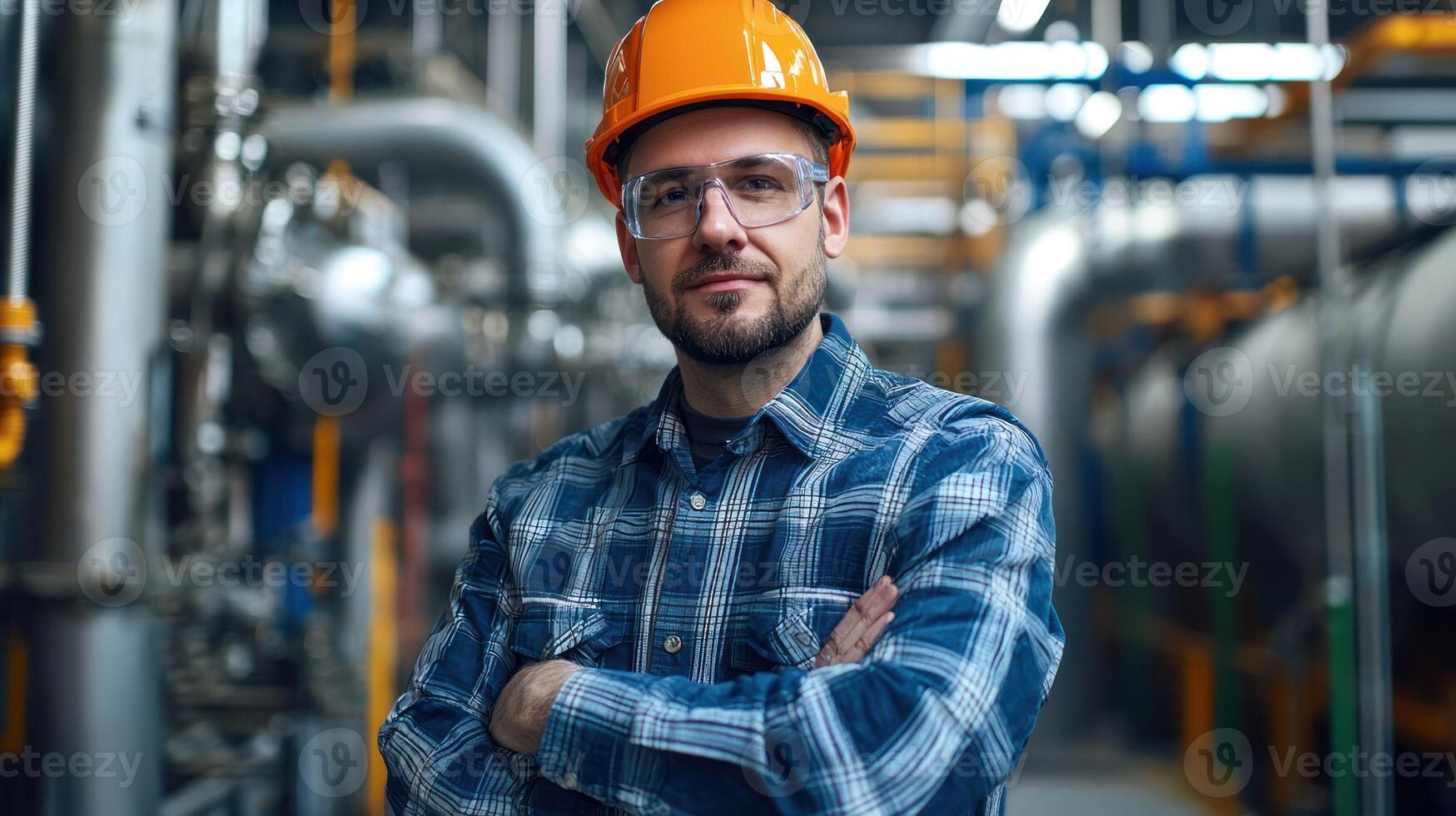 A man in a hard hat and safety glasses stands confidently in a industrial setting, with pipes and machinery in the background. photo