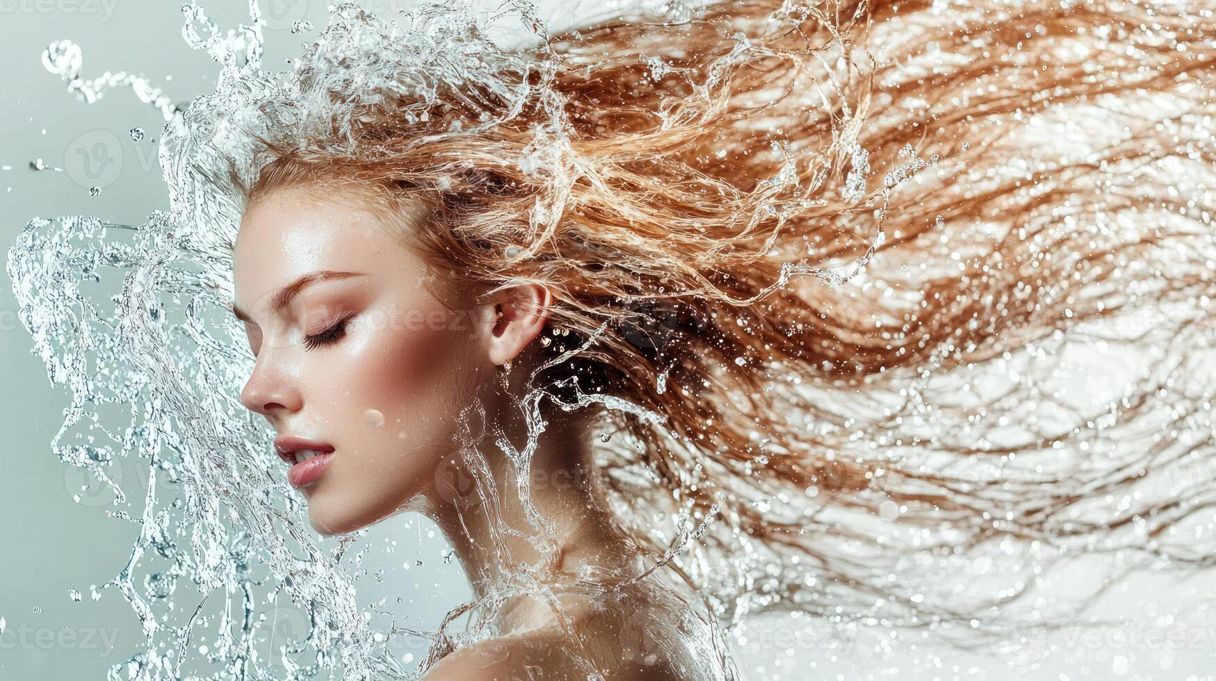 A woman with long, flowing red hair, wearing a white top, standing in front of a white background with water splashing around her. photo